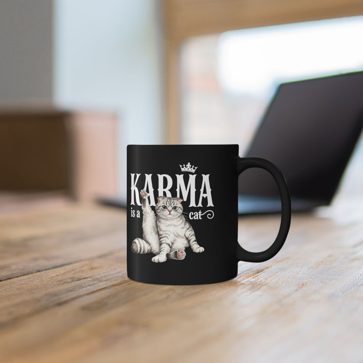 "Karma is a Cat" Funny Sassy Feline Black Mug