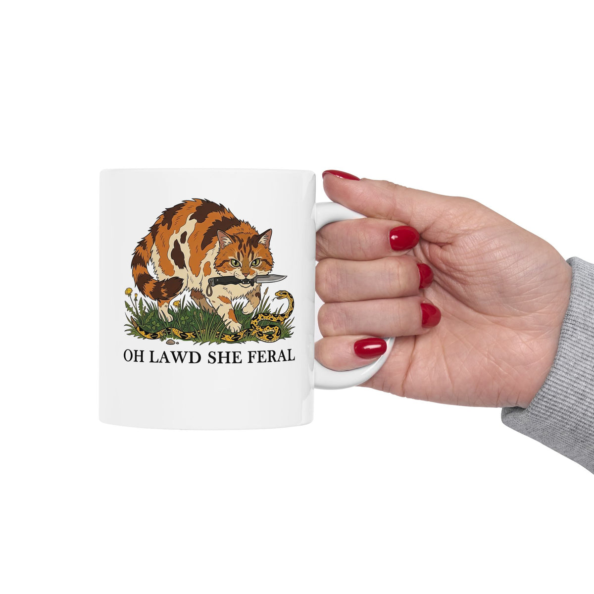 Feral Cats Mug — “Oh Lawd She Feral Cats!” Graphic Ceramic Mug