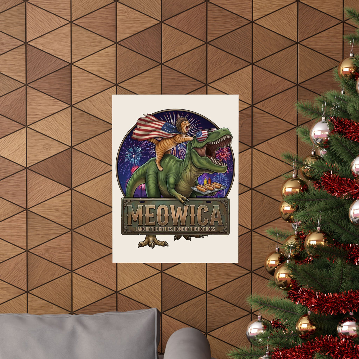 4th of July Cat Riding T‑Rex T‑Poster "Meowica: Land of the Kitties" Patriotic Graphic