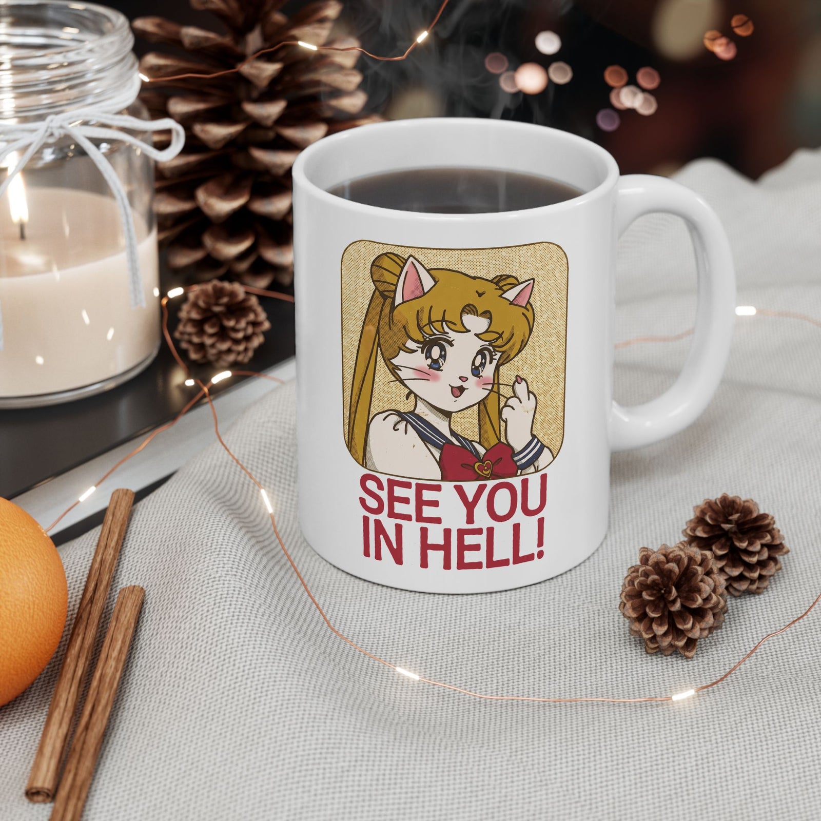 See You In Hell Anime Cat Ceramic Mug — Cute Magical Girl Parody Graphic