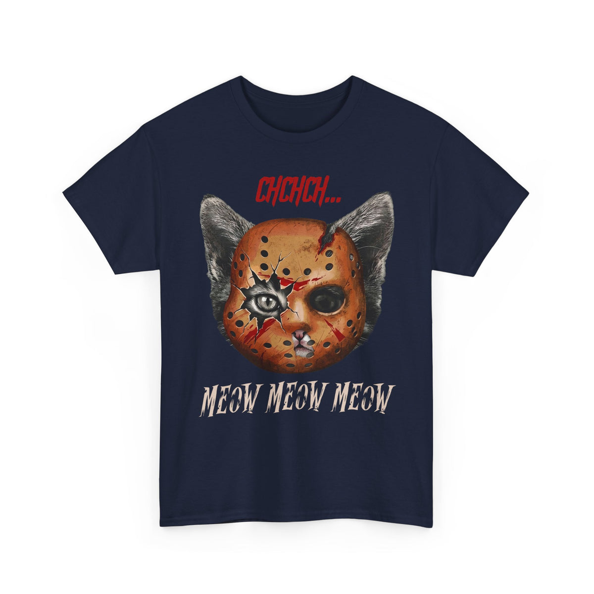 Horror Cat Tee  “Meow Meow Meow” Jason Mask Kitty Graphic T-Shirt