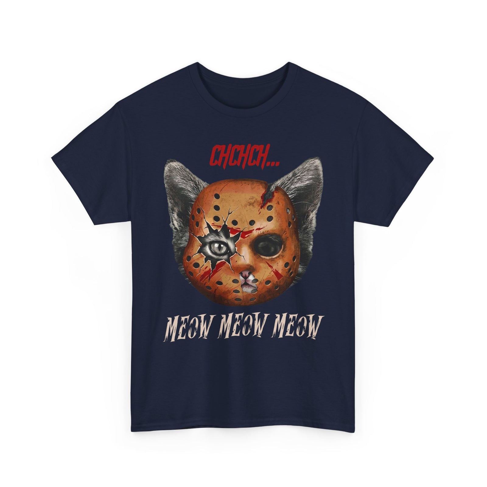 Horror Cat Tee  “Meow Meow Meow” Jason Mask Kitty Graphic T-Shirt
