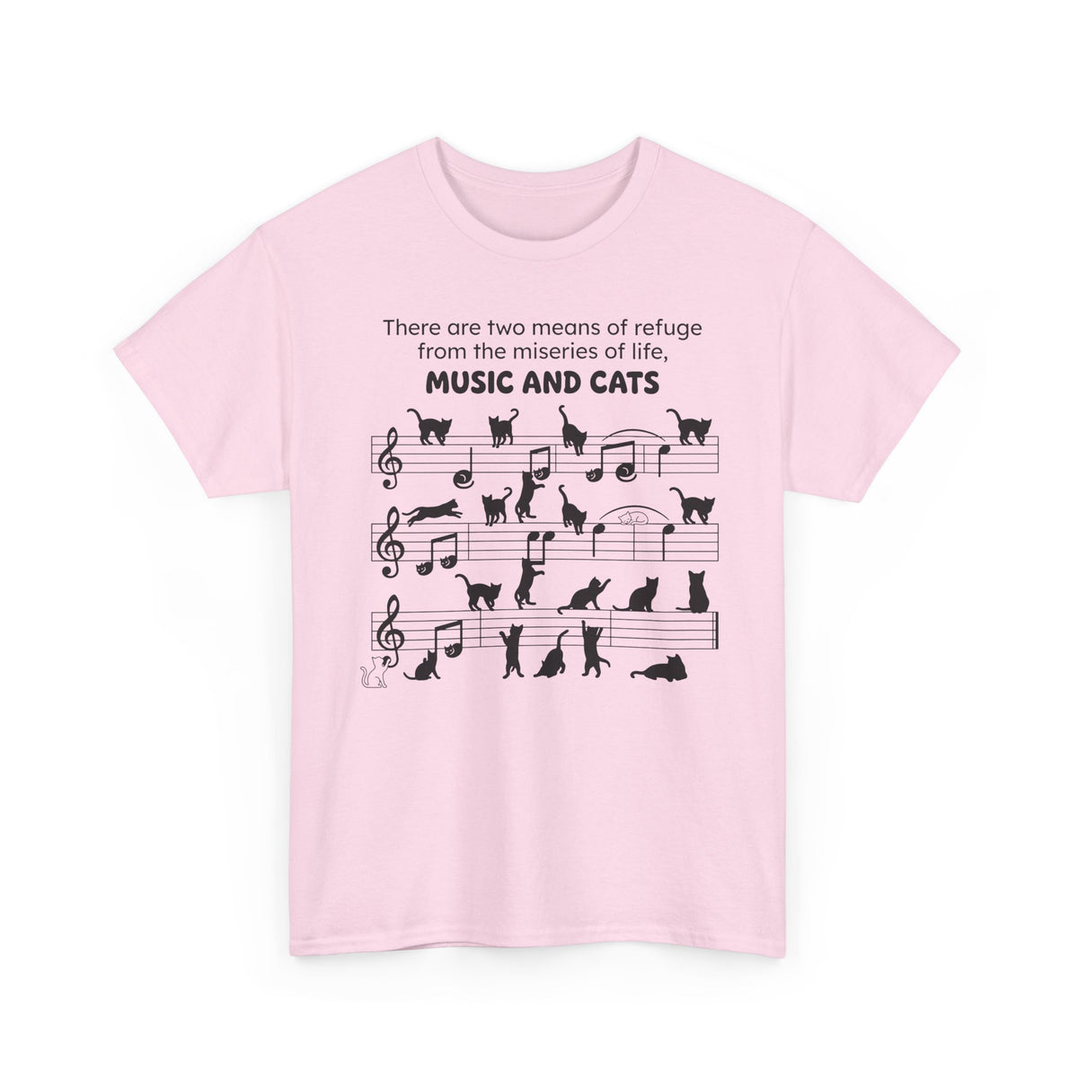 Music and Cats T-Shirt — Graphic Tee with Musical Score and Cat Silhouettes