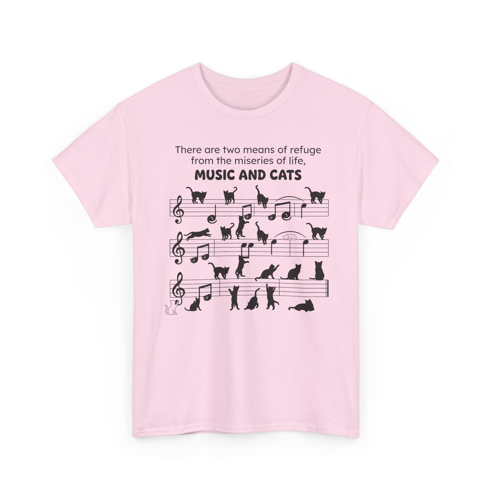Music and Cats T-Shirt — Graphic Tee with Musical Score and Cat Silhouettes