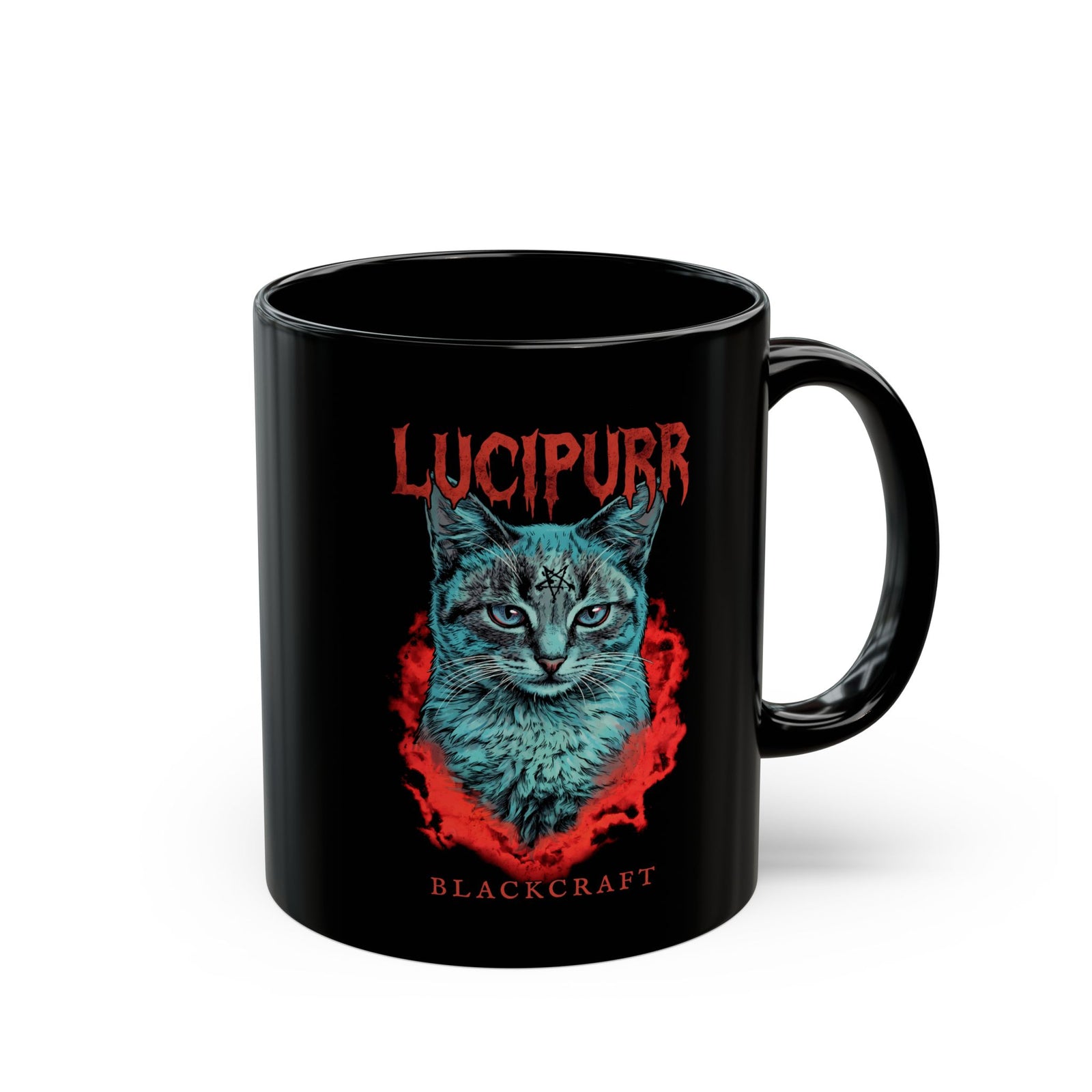 Lucipurr Blackcraft Black Mug — Edgy Heavy Metal Satanic Cat Graphic Mug
