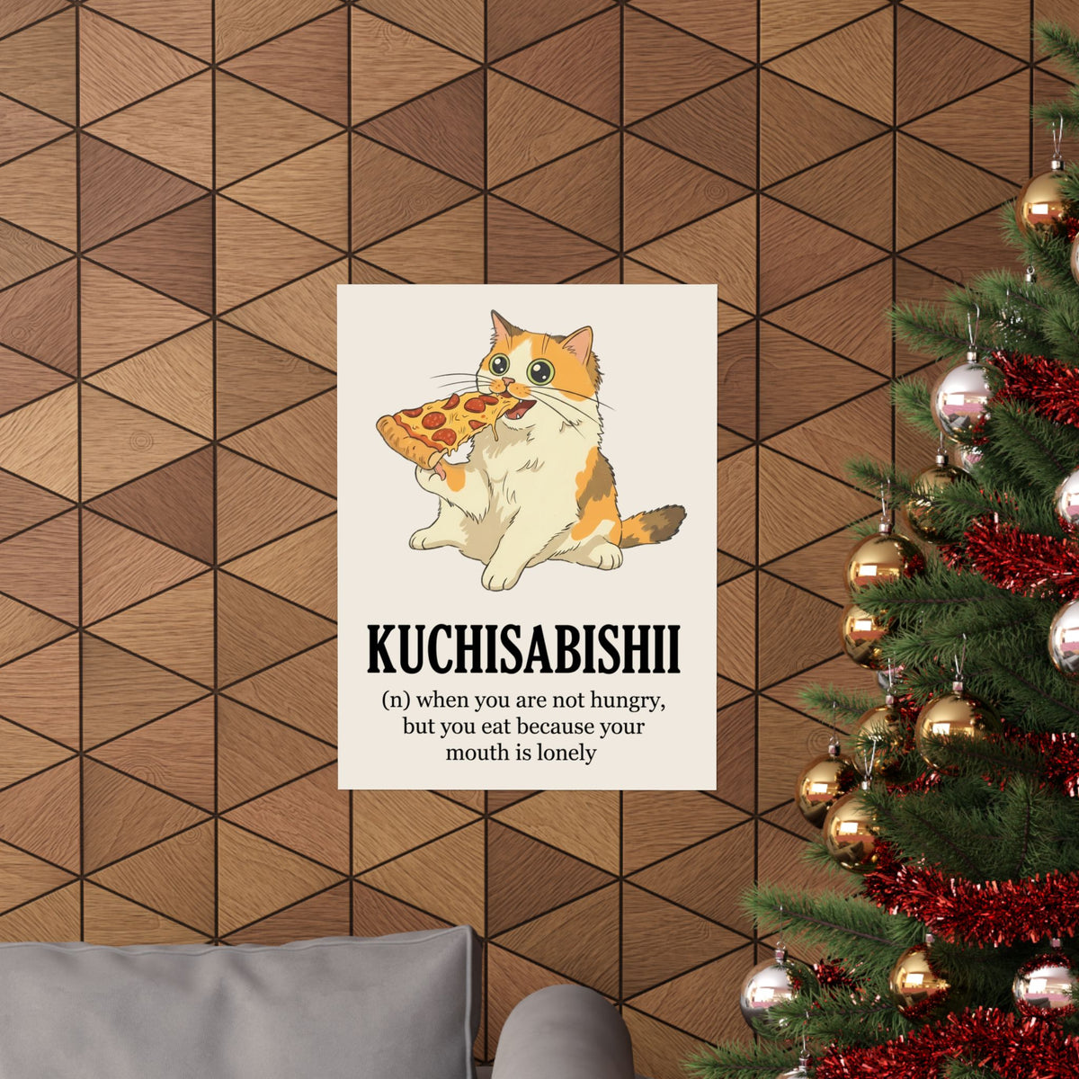 Kuchisabishii Lonely Mouth Poster — Funny Cat Eating Pizza Poster