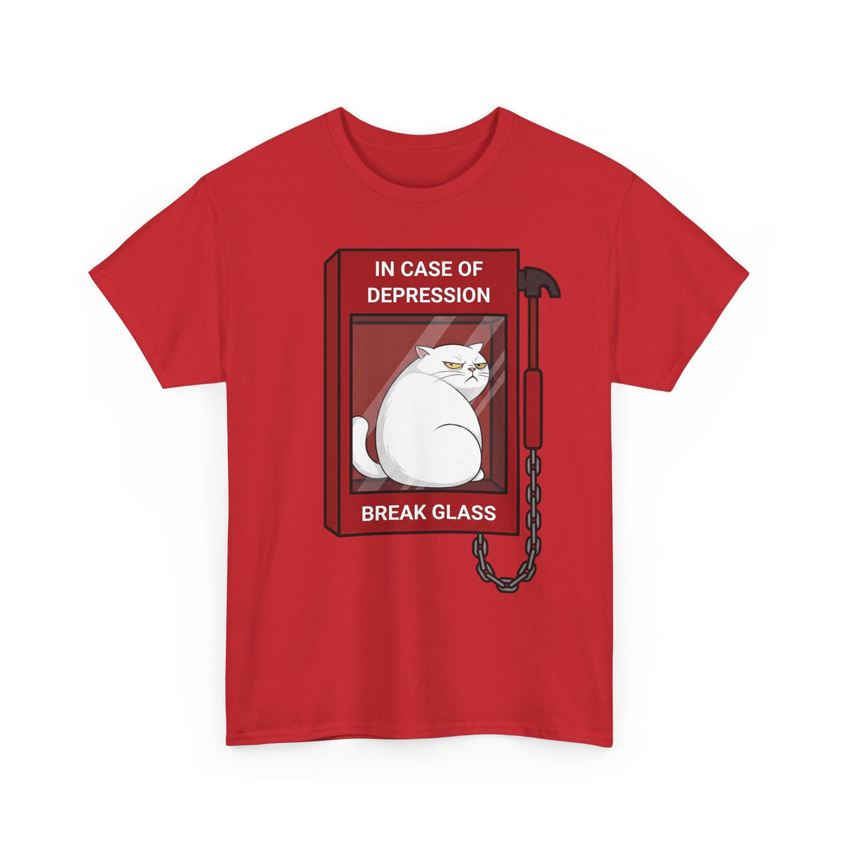 In Case Of Depression Break Glass T-Shirt — Funny Grumpy White Cat Emergency Tee