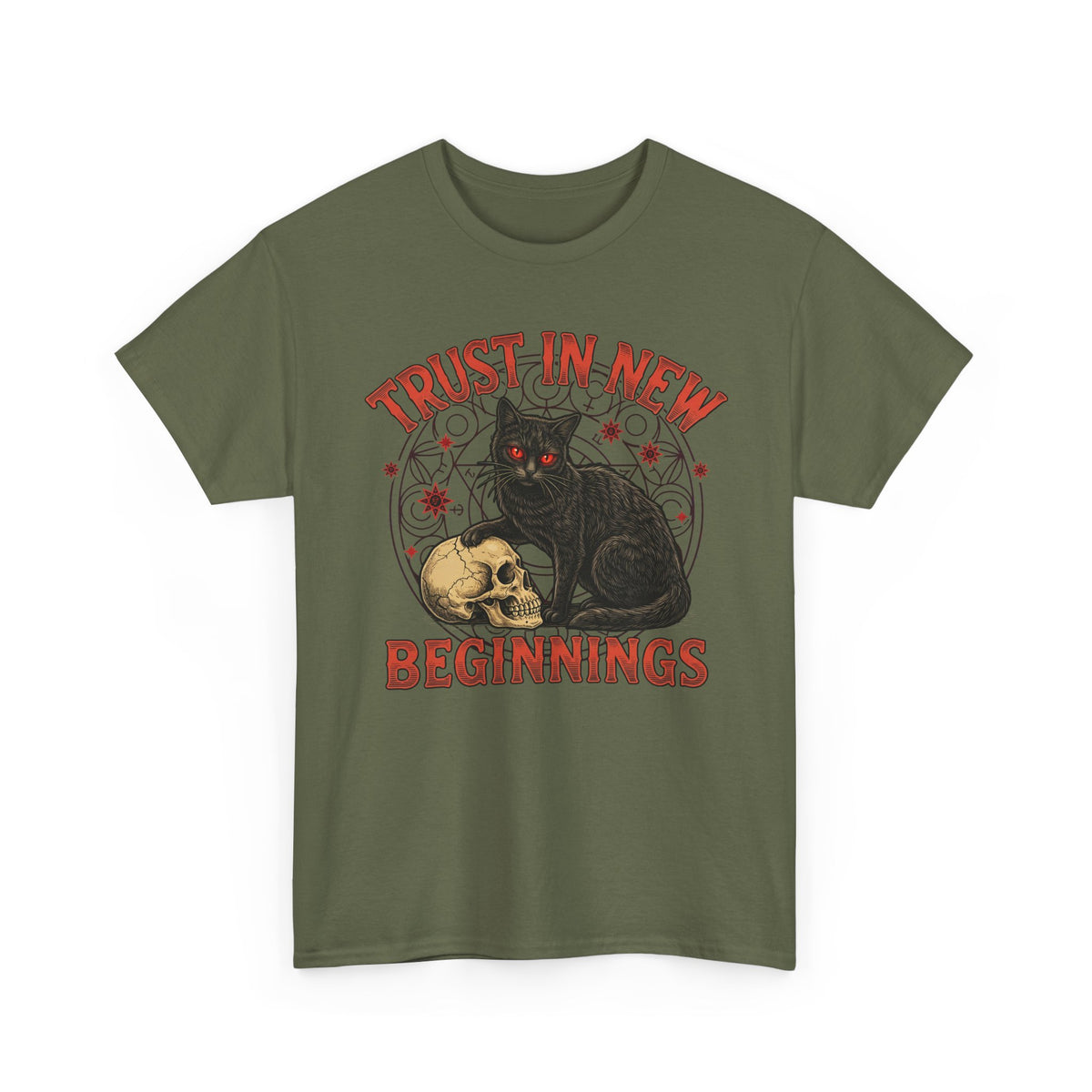 Trust In New Beginnings Cat T-Shirt — Occult Black Cat Skull Gothic Tee