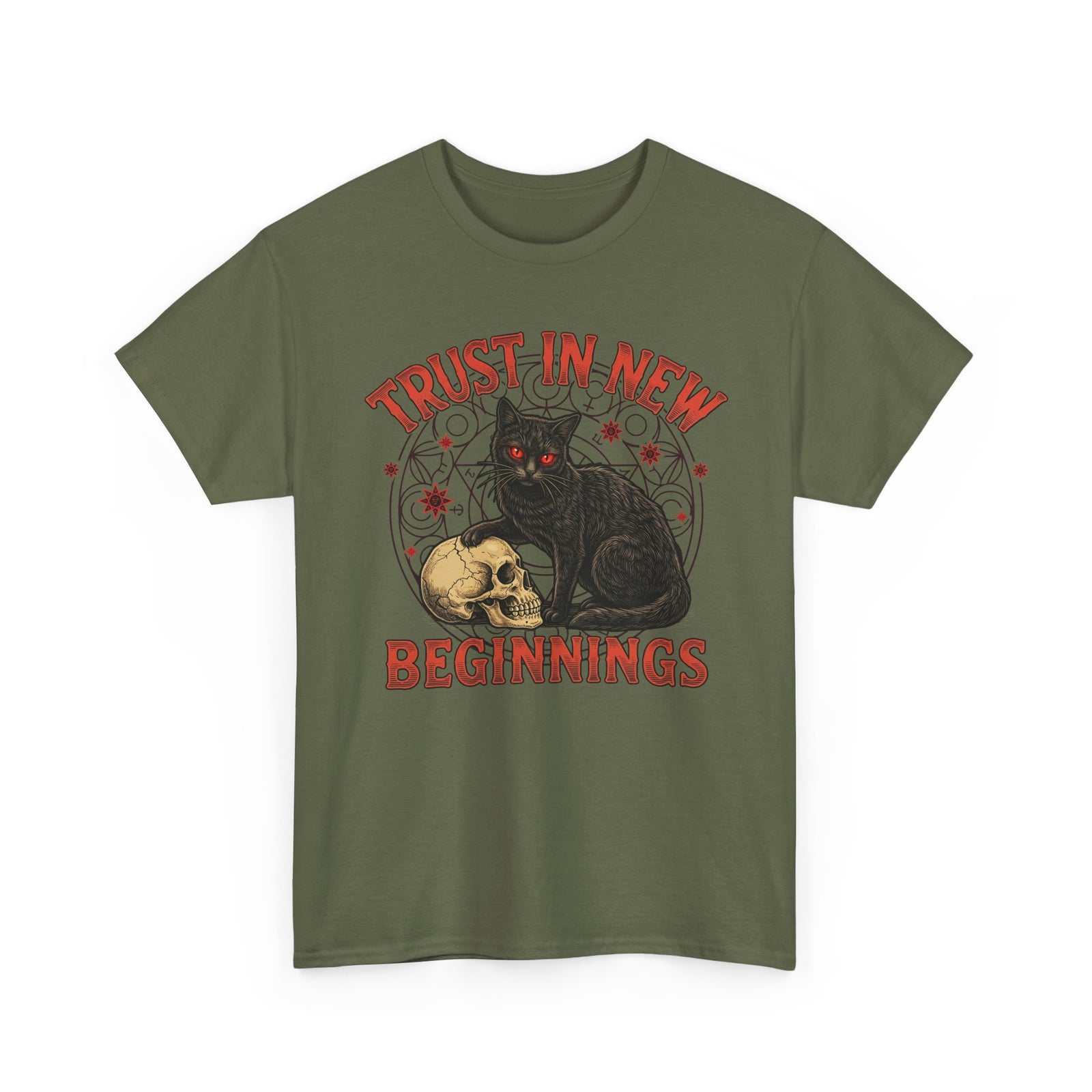 Trust In New Beginnings Cat T-Shirt — Occult Black Cat Skull Gothic Tee