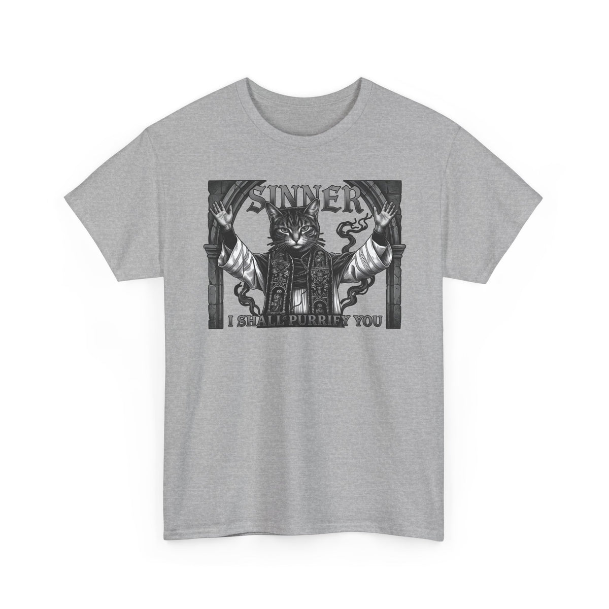Sinner Shall I Purrify You Cat Tee — 'Purriest' Funny Gothic Cat Shirt