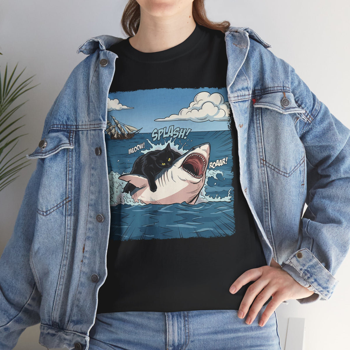 Black Cat Vs White Shark T-Shirt — Funny Comic Book Ocean Battle Tee