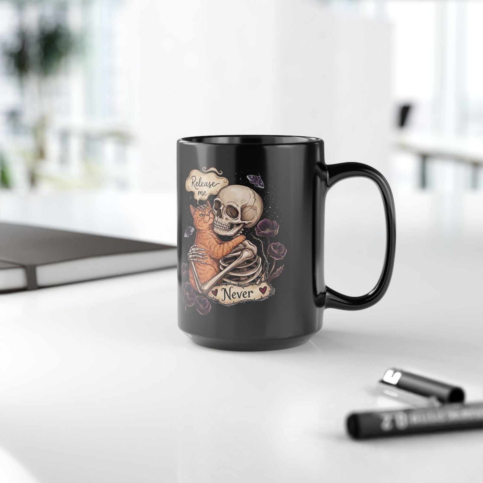 Funny Clingy Skeleton & Cat Black Mug — Dark Aesthetic Cat Mug