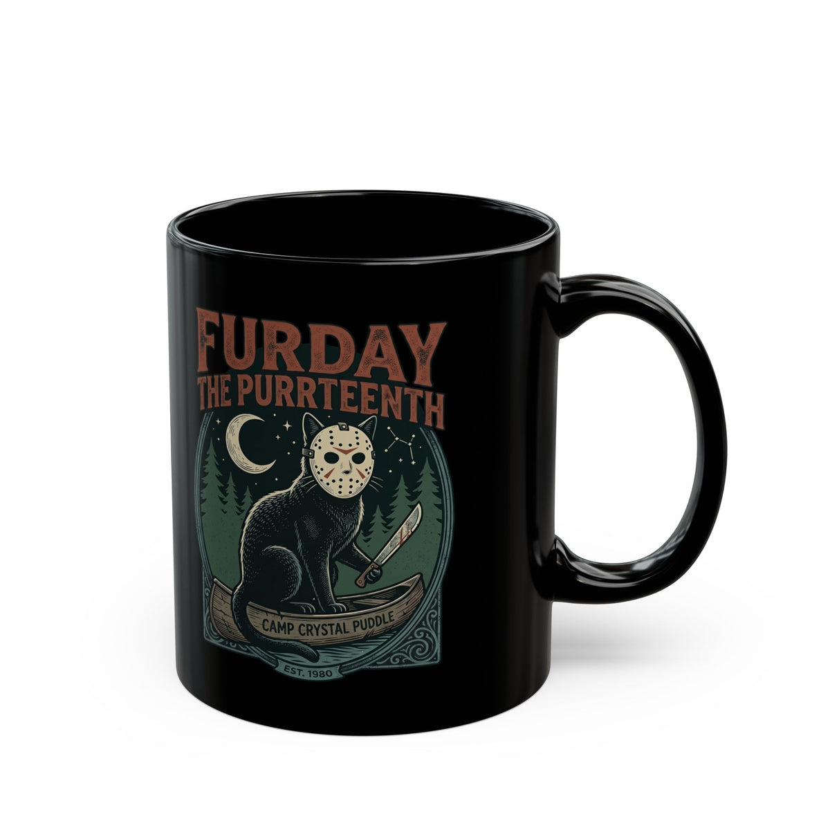 Horror Cat "Furday the Purrteenth" Black Mug