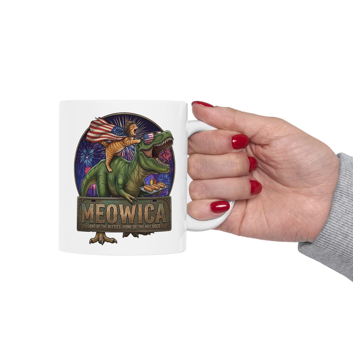 4th of July Cat Riding T‑Rex T‑Mug "Meowica: Land of the Kitties" Patriotic Graphic