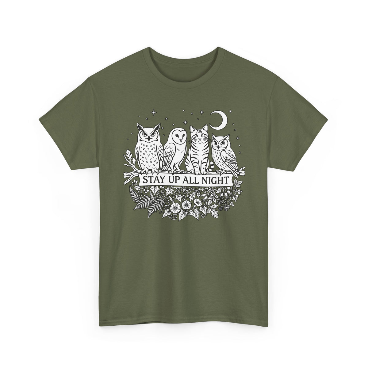 Cat Stays Up All Night T-Shirt — Cute Night Owl Cat Tee