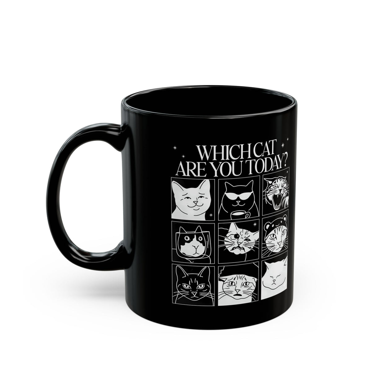 Which Cat You Choose Today Black Mug — Playful Cat Lover Graphic Mug