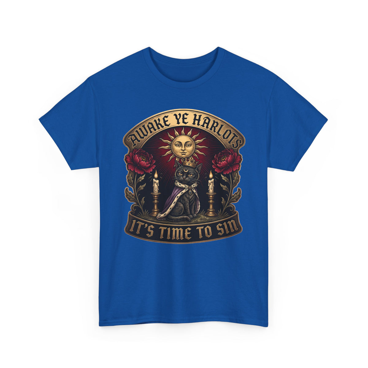 Awake Ye Harlots It's Time To Sin T-Shirt — Mystical Crowned Black Cat Tee