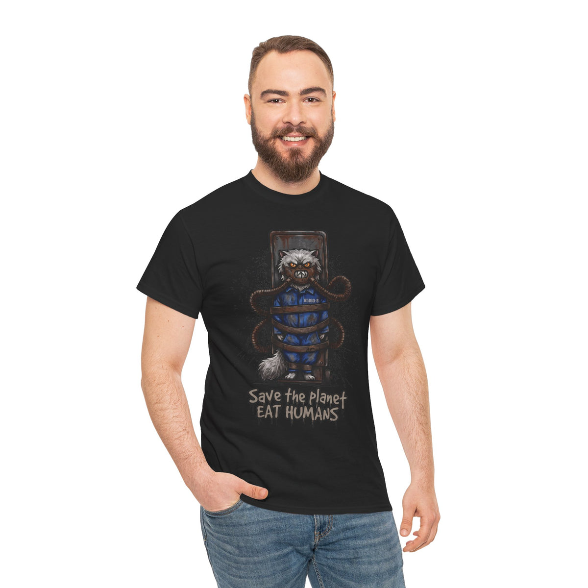 Save The Planet Eat Humans Cat T-Shirt — Horror Movie Parody Tee