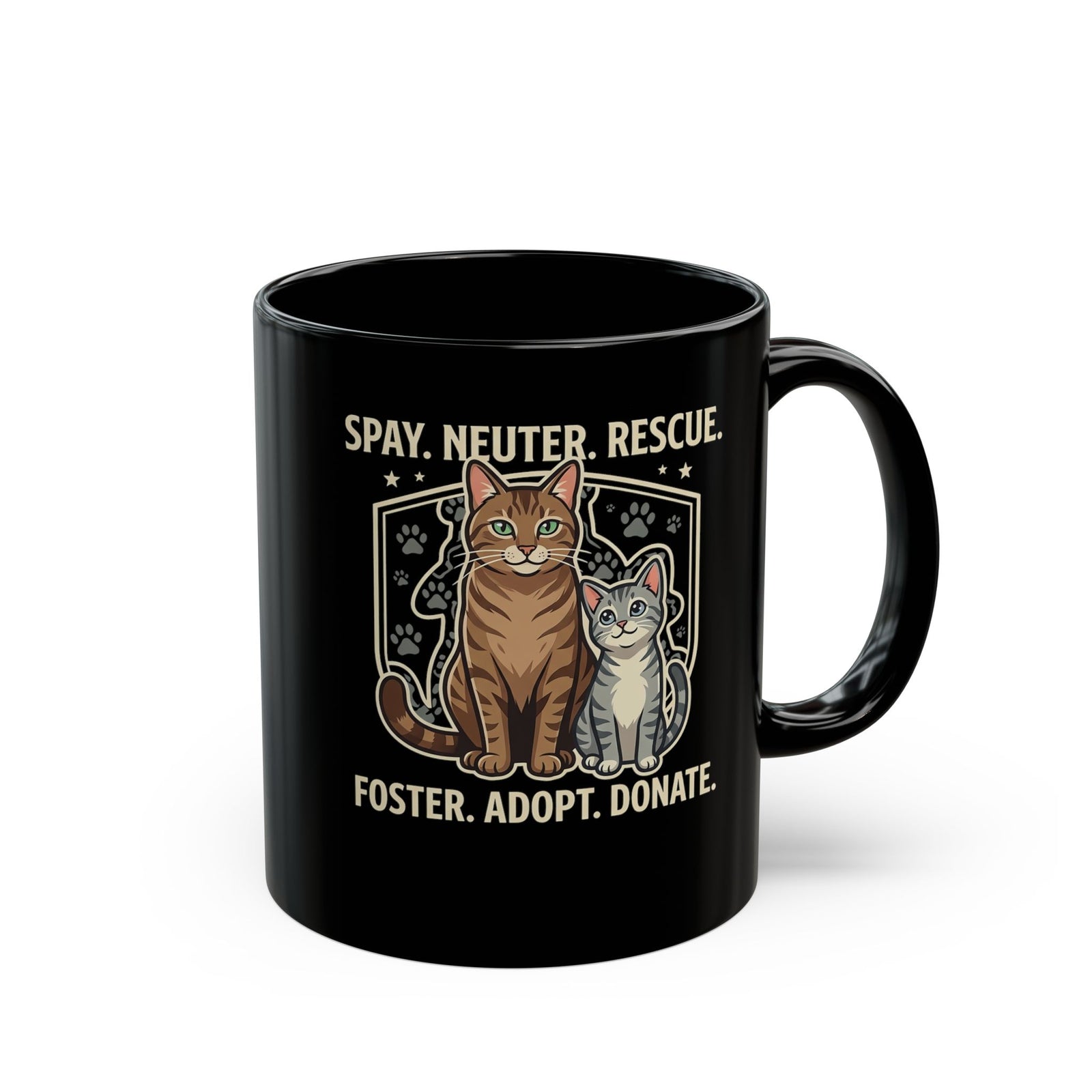 Cat Rescue Black Mug - "Spay. Neuter. Rescue. Foster. Adopt. Donate." Animal Shelter Support Mug