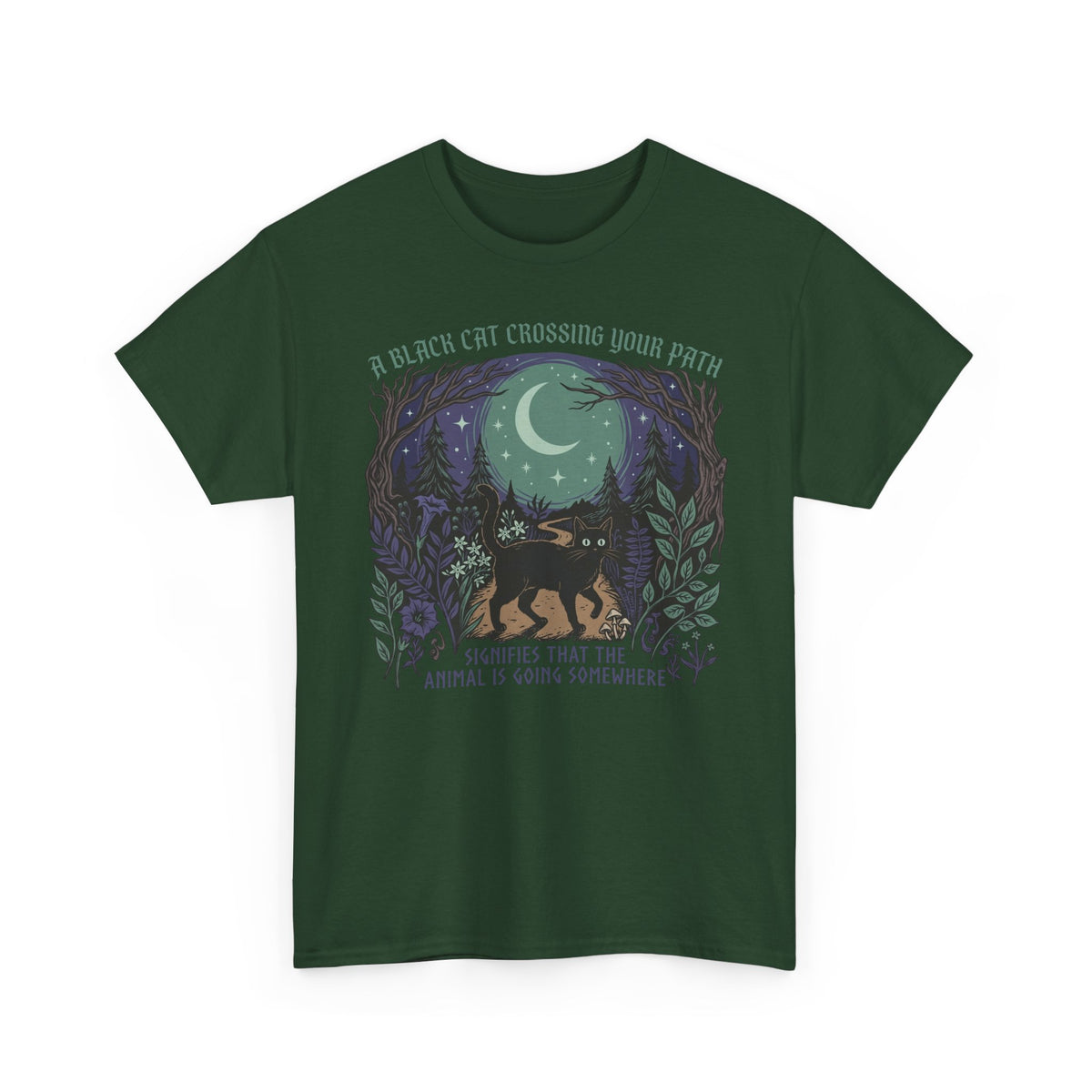 Black Cat Crossing Your Path Tee — Whimsical Moonlit Forest Cat Shirt
