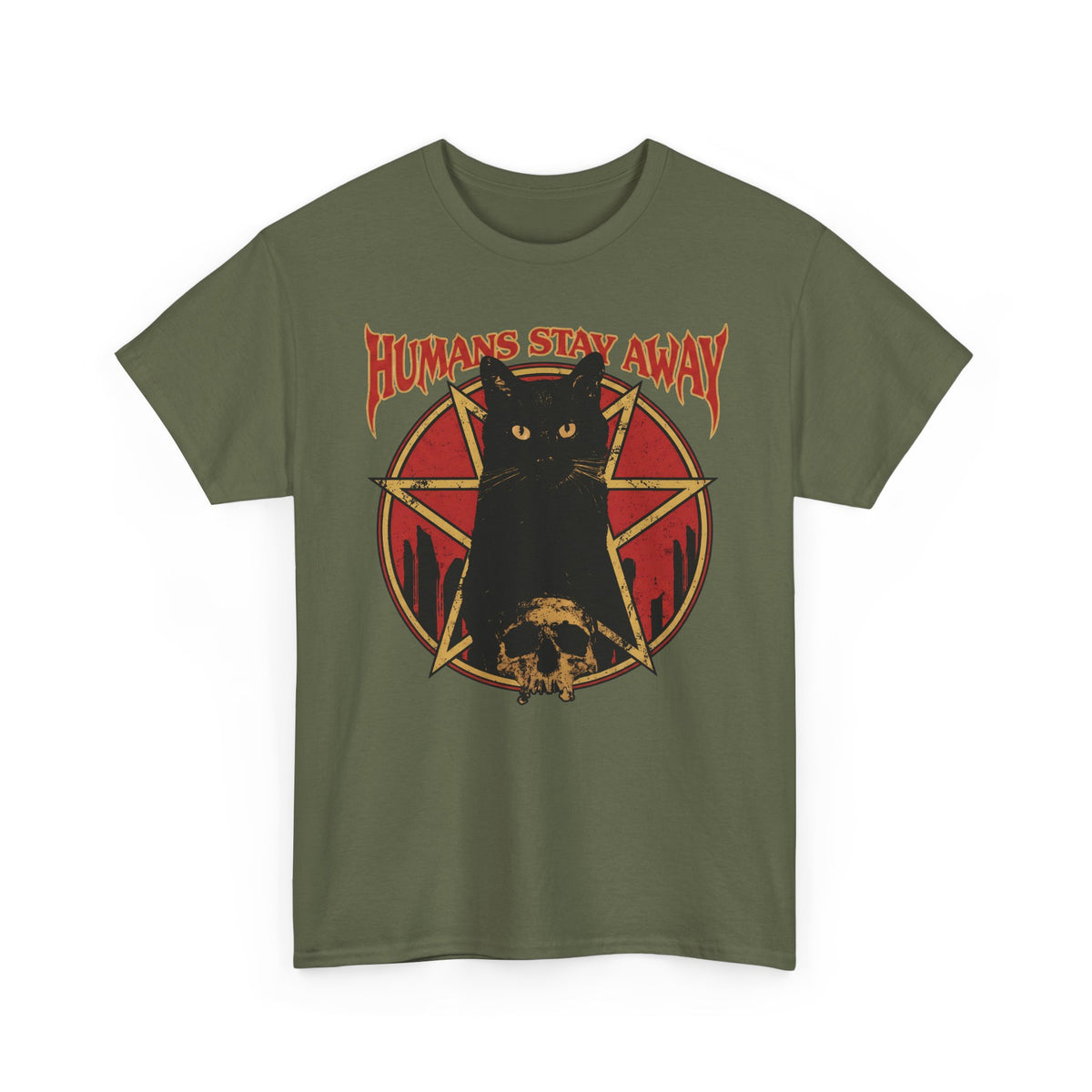 Humans Stay Away Black Cat T-Shirt — Heavy Metal Occult Pentagram Tee