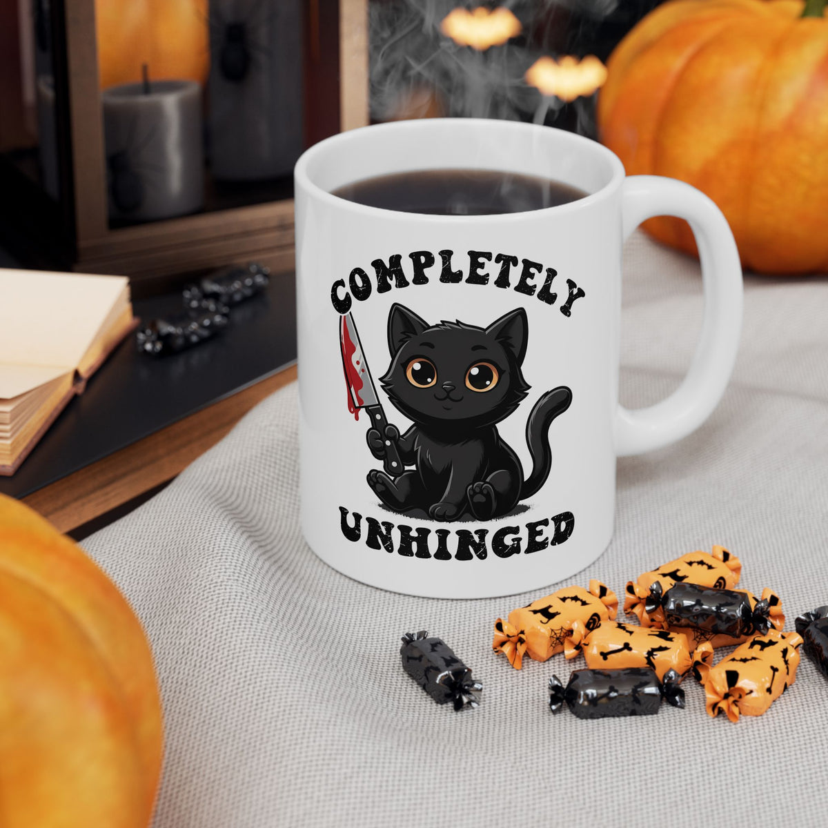 Completely Unhinged Black Cat Ceramic Mug — Funny Cute Psycho Knife Mug