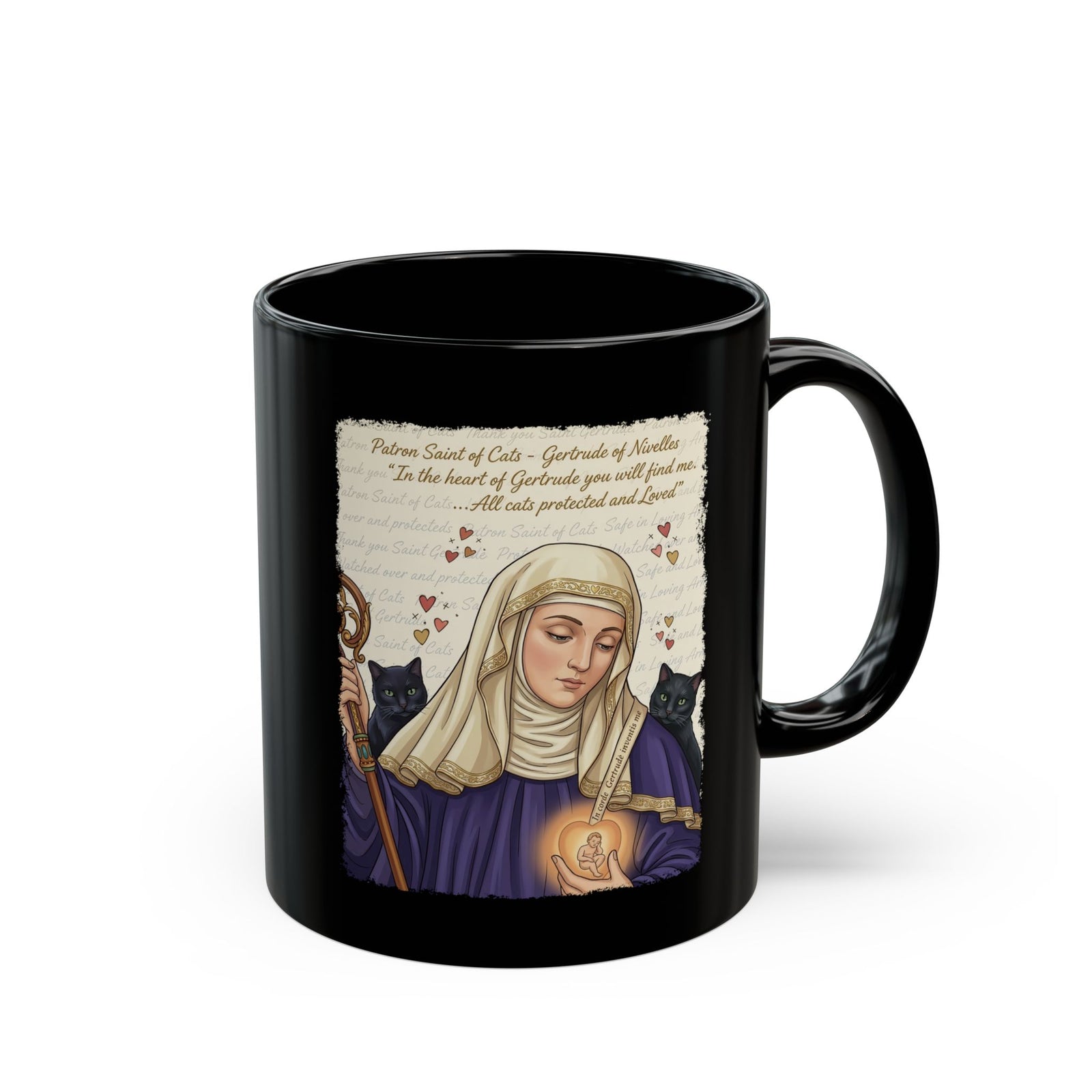 Gertrude of Nivelles "All Cats Protected and Loved" Black Mug