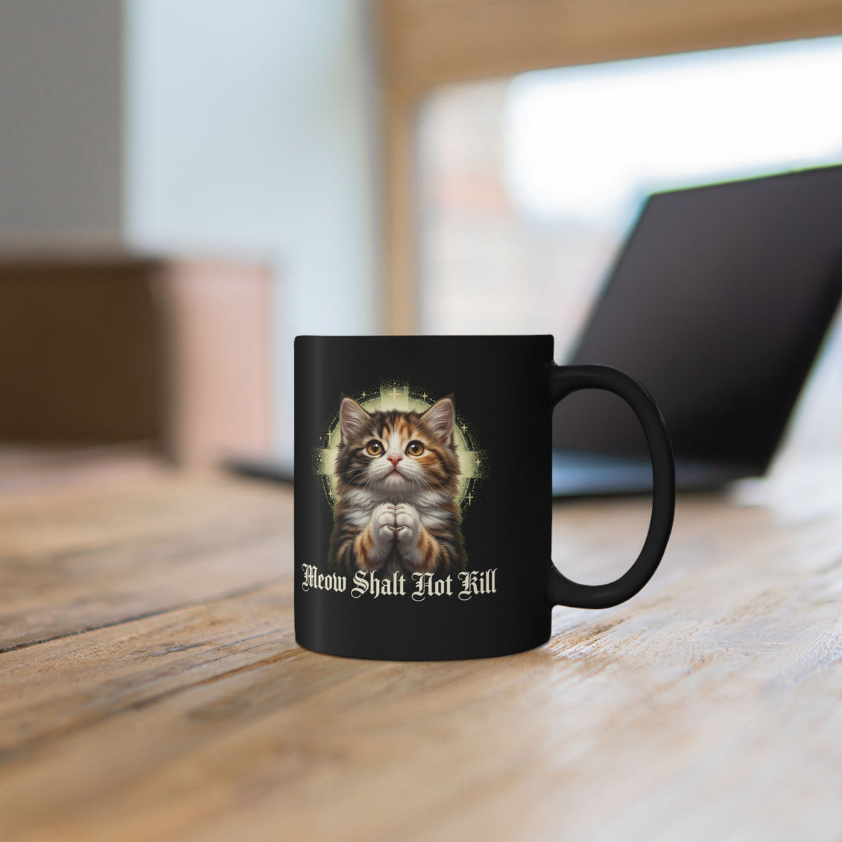 Praying Kitten T‑Mug — "Meow Shalt Not Kill" Cute Vintage Cat Mug