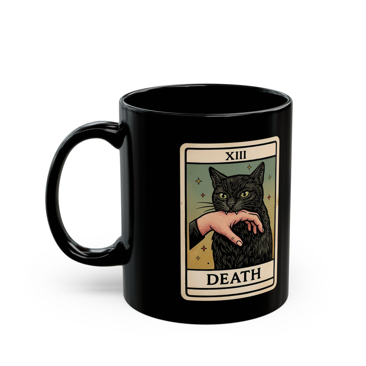 "Death" Tarot Card Black Cat Biting Hand Funny Black Mug
