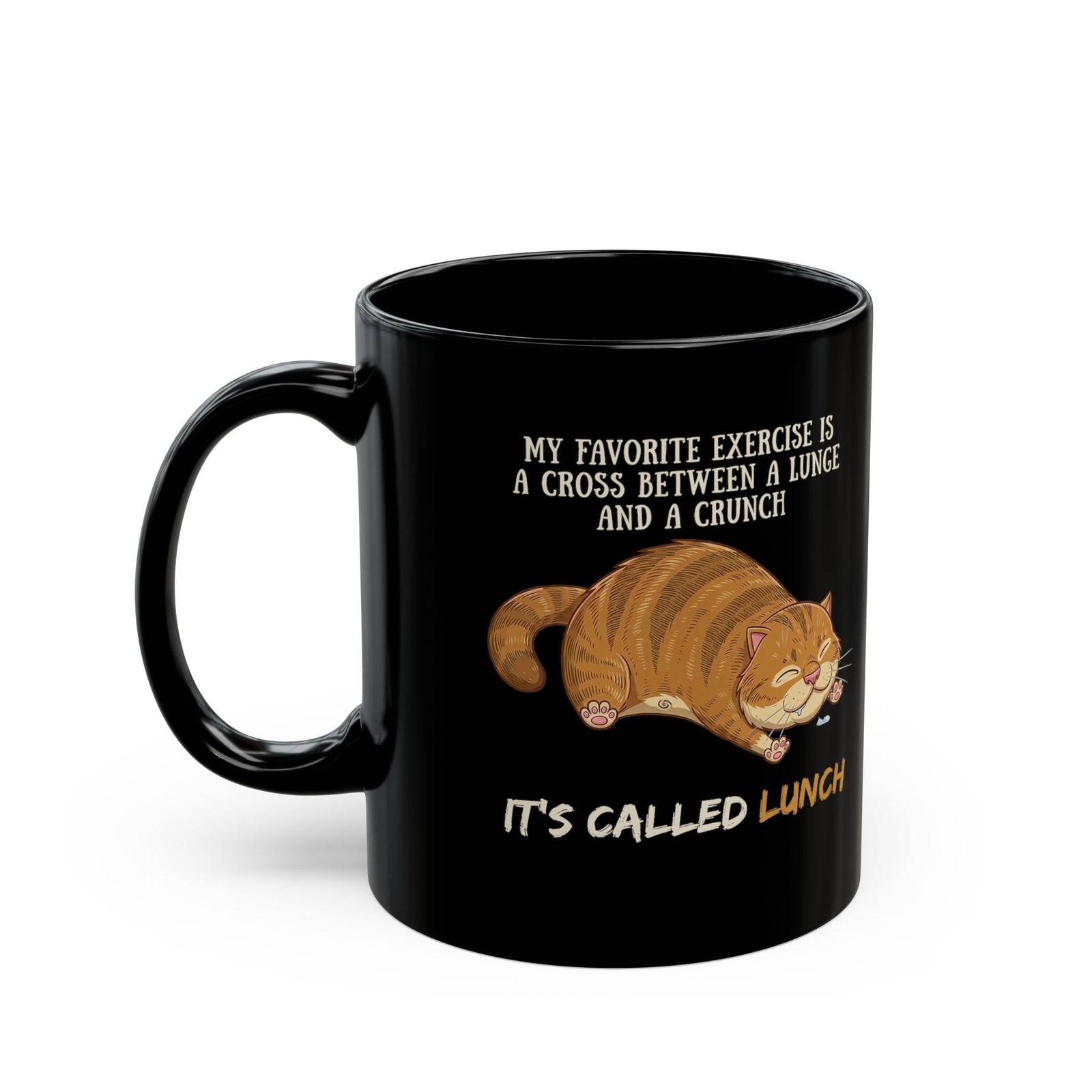 Funny Workout Cat Black Mug — "Lunge Crunch Lunch"