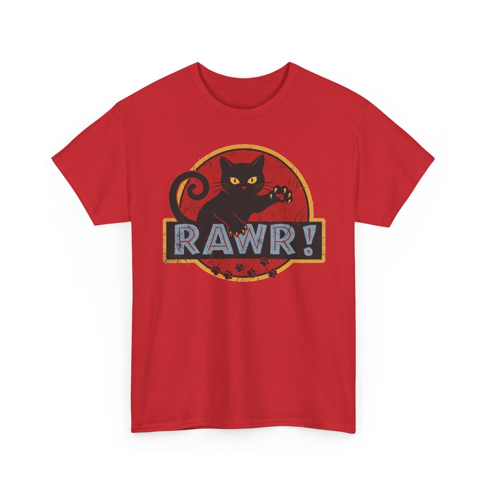 RAWR! Black Cat Graphic Tee — Vintage Dino Logo Parody T-Shirt