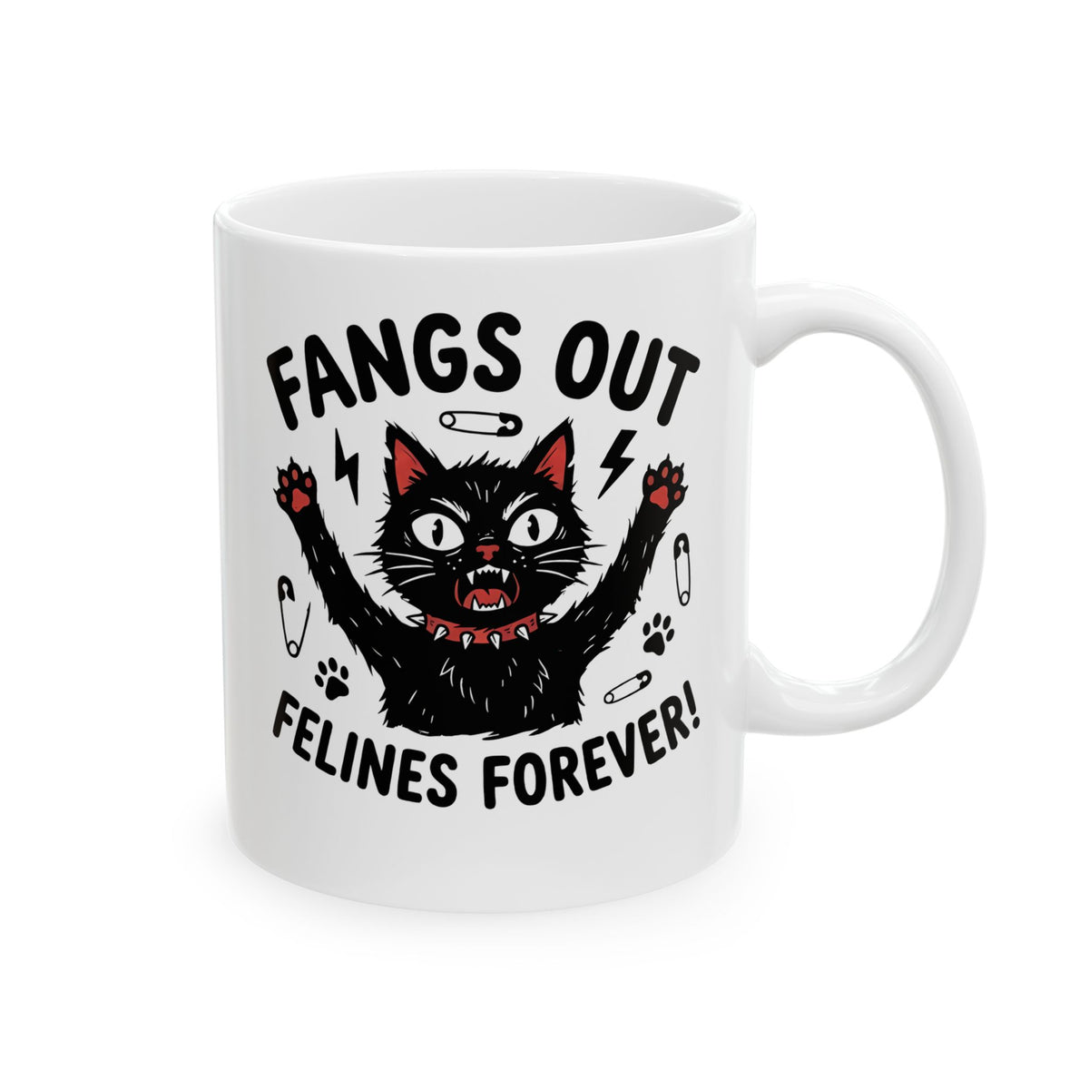 Fangs Out Felines Forever Mug — Cat Lover Graphic T‑Mug