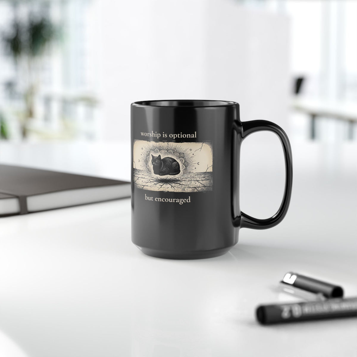 Worship Is Optional But Encouraged Cat Black Mug