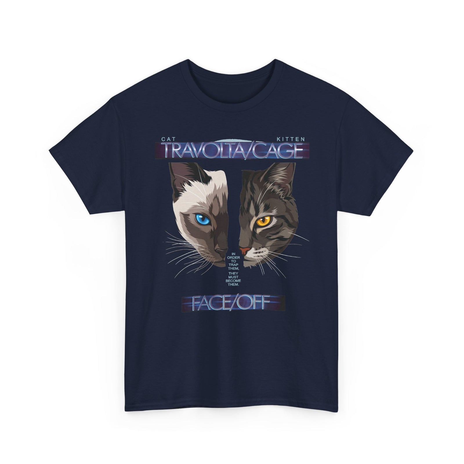 Face/Off Cat Tee — "Travolta/Cage" Split-Face Retro Movie Parody T-Shirt