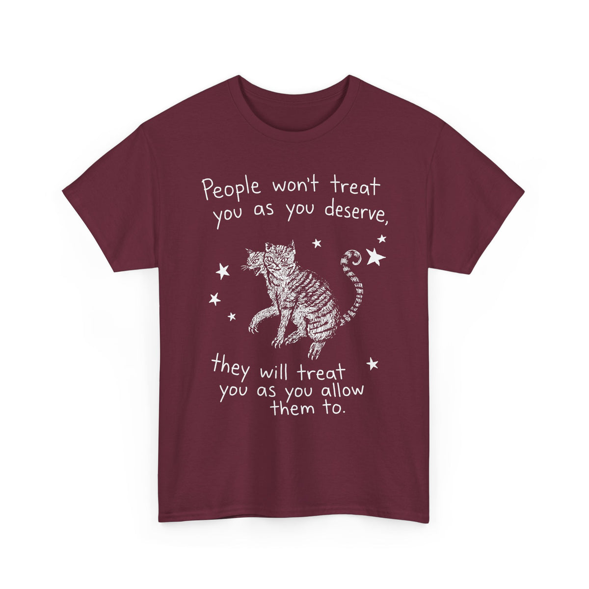 Two-Headed Tabby Cat T-Shirt — "People Won't Treat You As You Deserve" Gothic Woodcut Tee