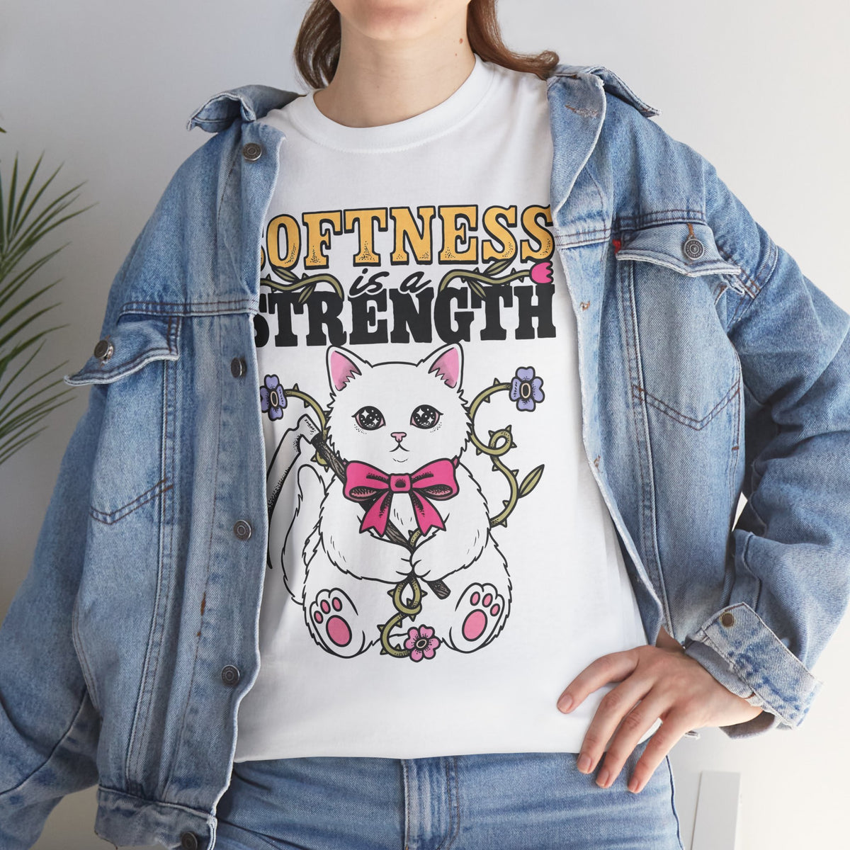 Softness Is A Strength T-Shirt — Funny Cute White Kitten Scythe Graphic Tee