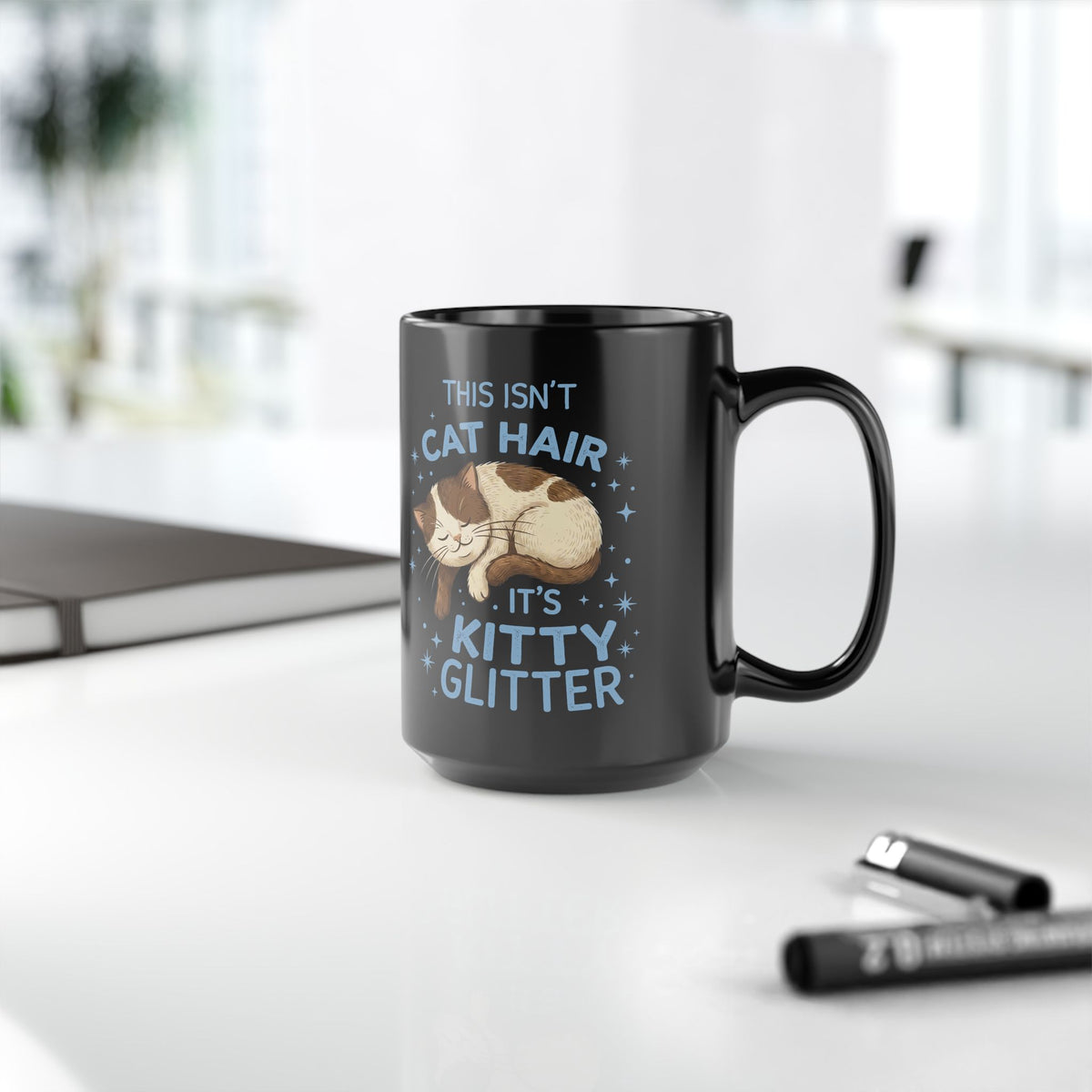 Kitty Glitter Black Mug — "This Isn't Cat Hair" Cat Lover Mug