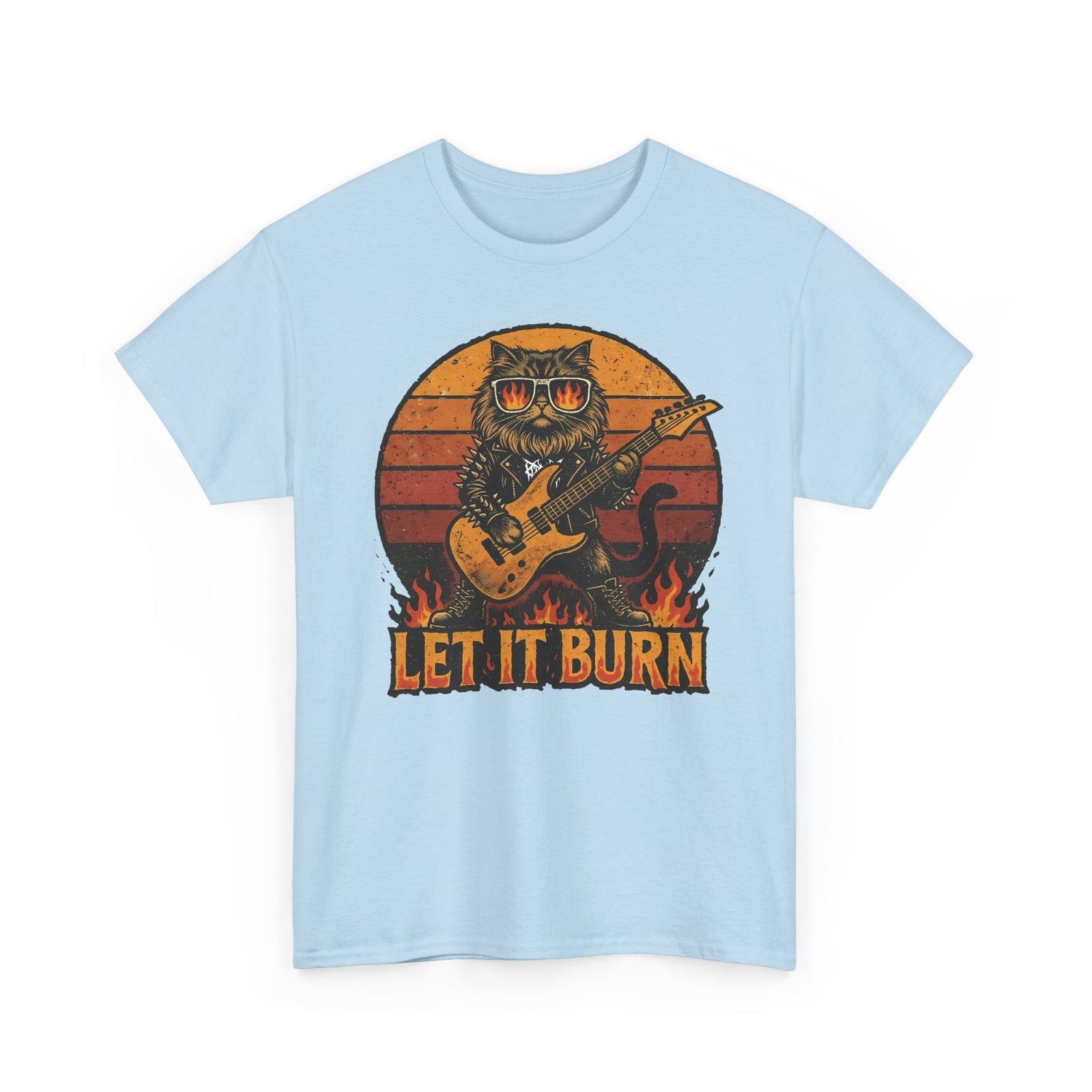 Let It Burn Rocker Cat T-Shirt — Heavy Metal Guitar Feline Graphic