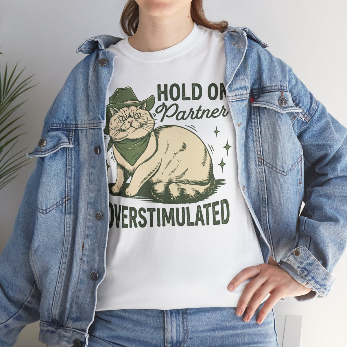 Hold On Partner Overstimulated Cat Tee — Funny Cowgirl Cat Graphic T-Shirt