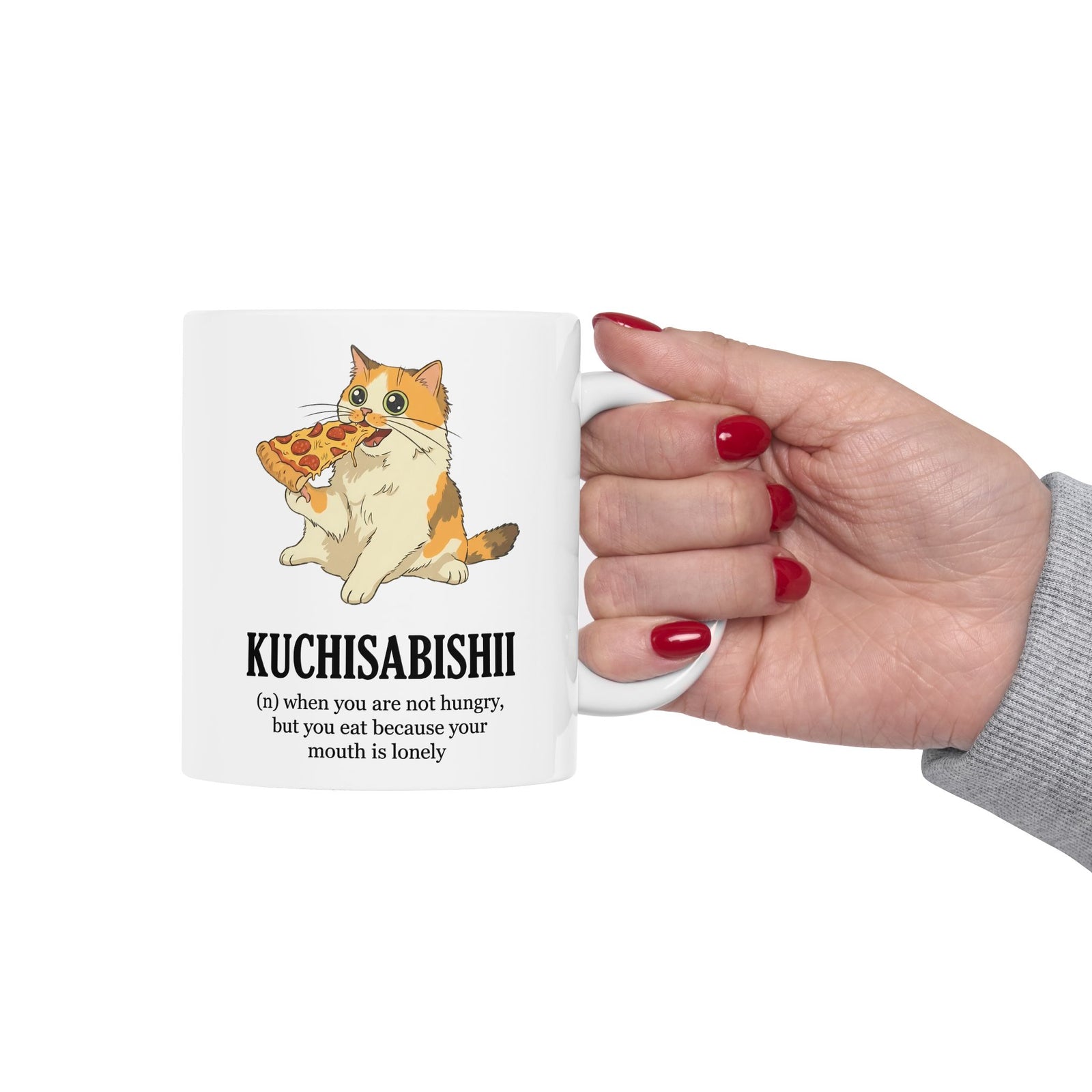 Kuchisabishii Lonely Mouth Ceramic Mug — Funny Cat Eating Pizza Mug
