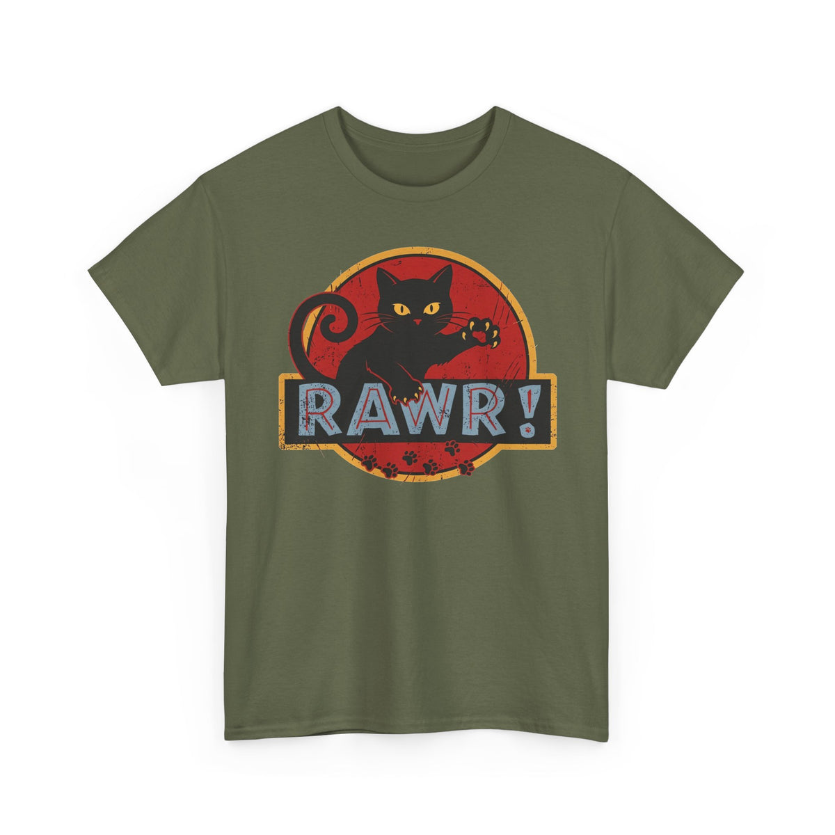 RAWR! Black Cat Graphic Tee — Vintage Dino Logo Parody T-Shirt