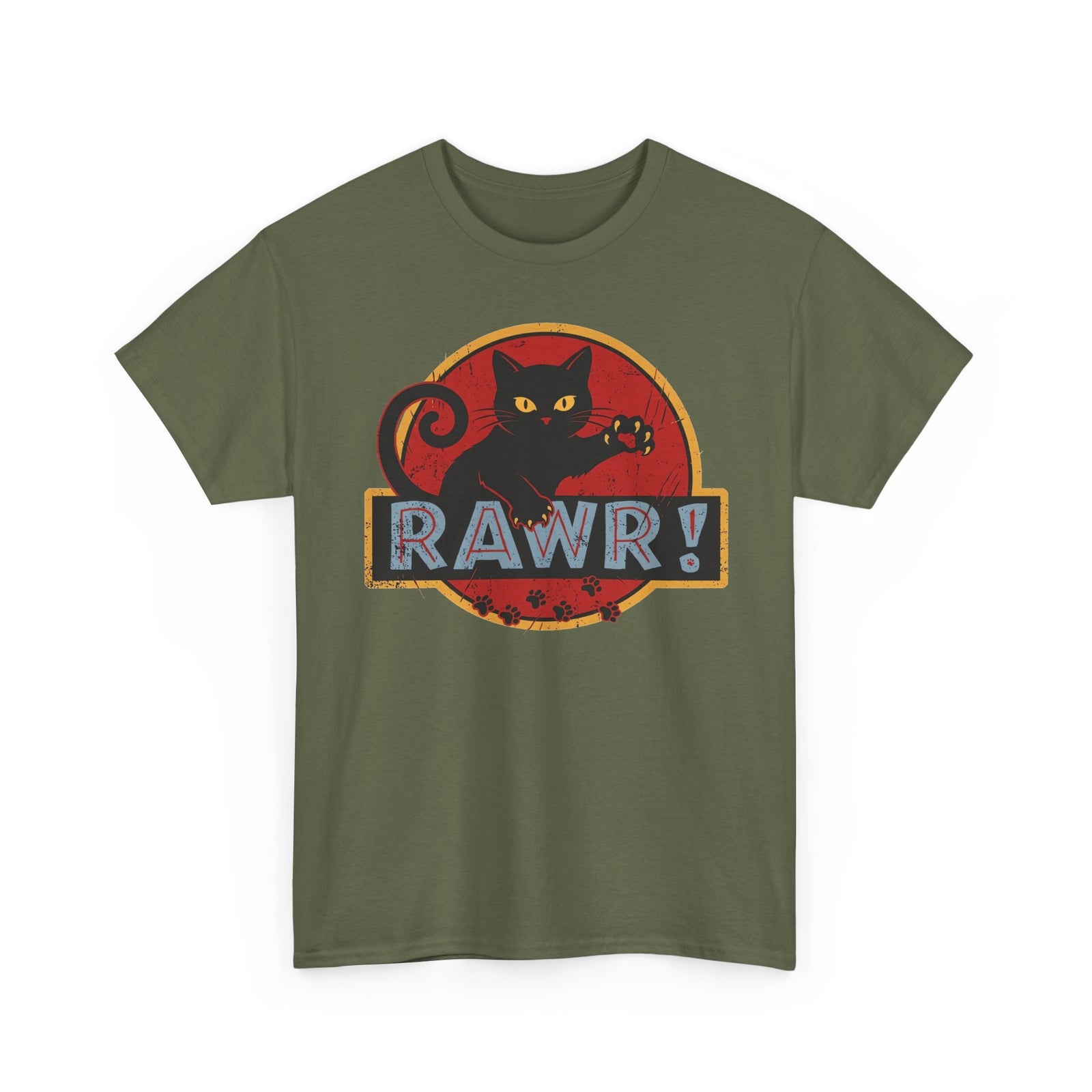 RAWR! Black Cat Graphic Tee — Vintage Dino Logo Parody T-Shirt