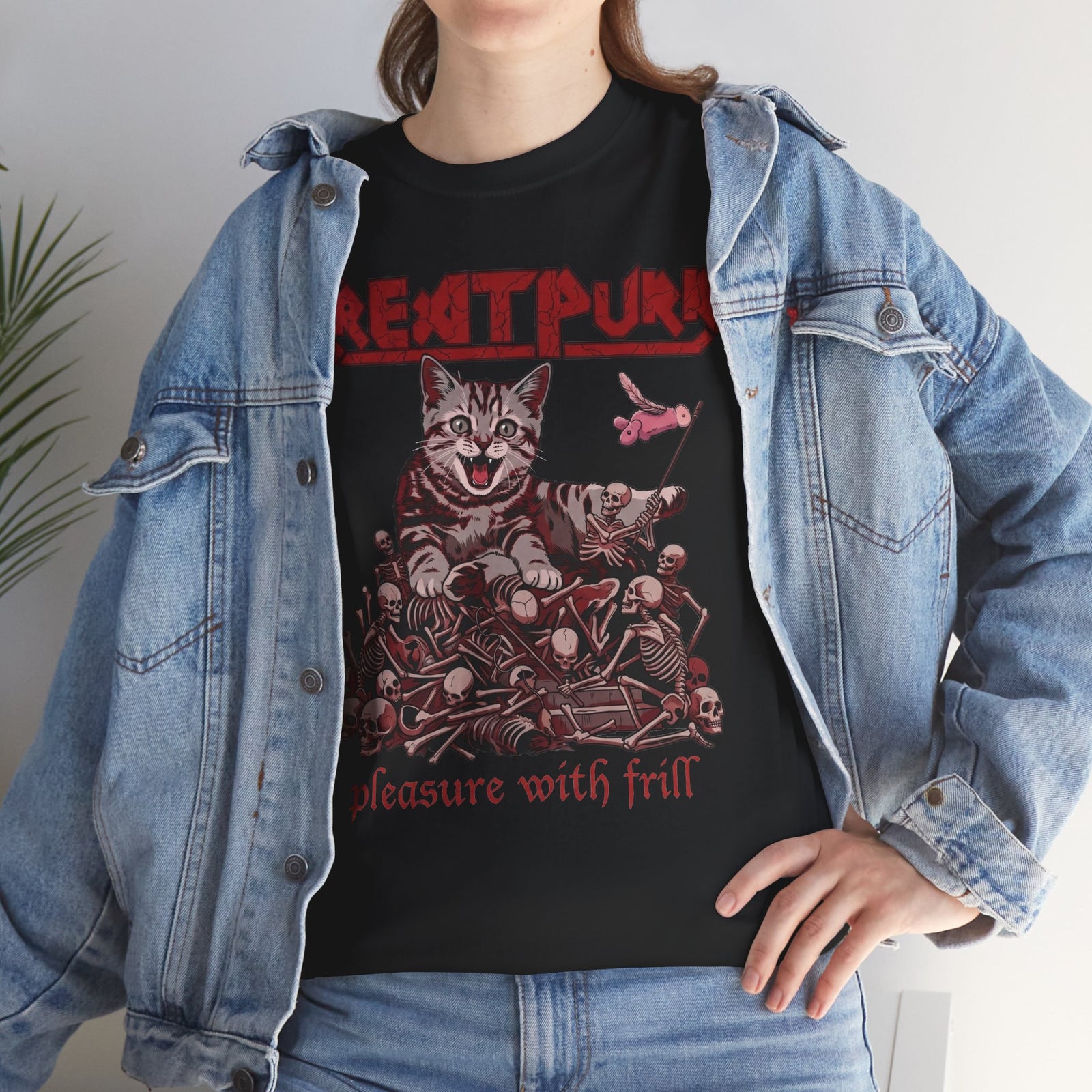 Metal Band Cat Tee — "Krentipurr: Pleasure With Frill" Graphic T-Shirt