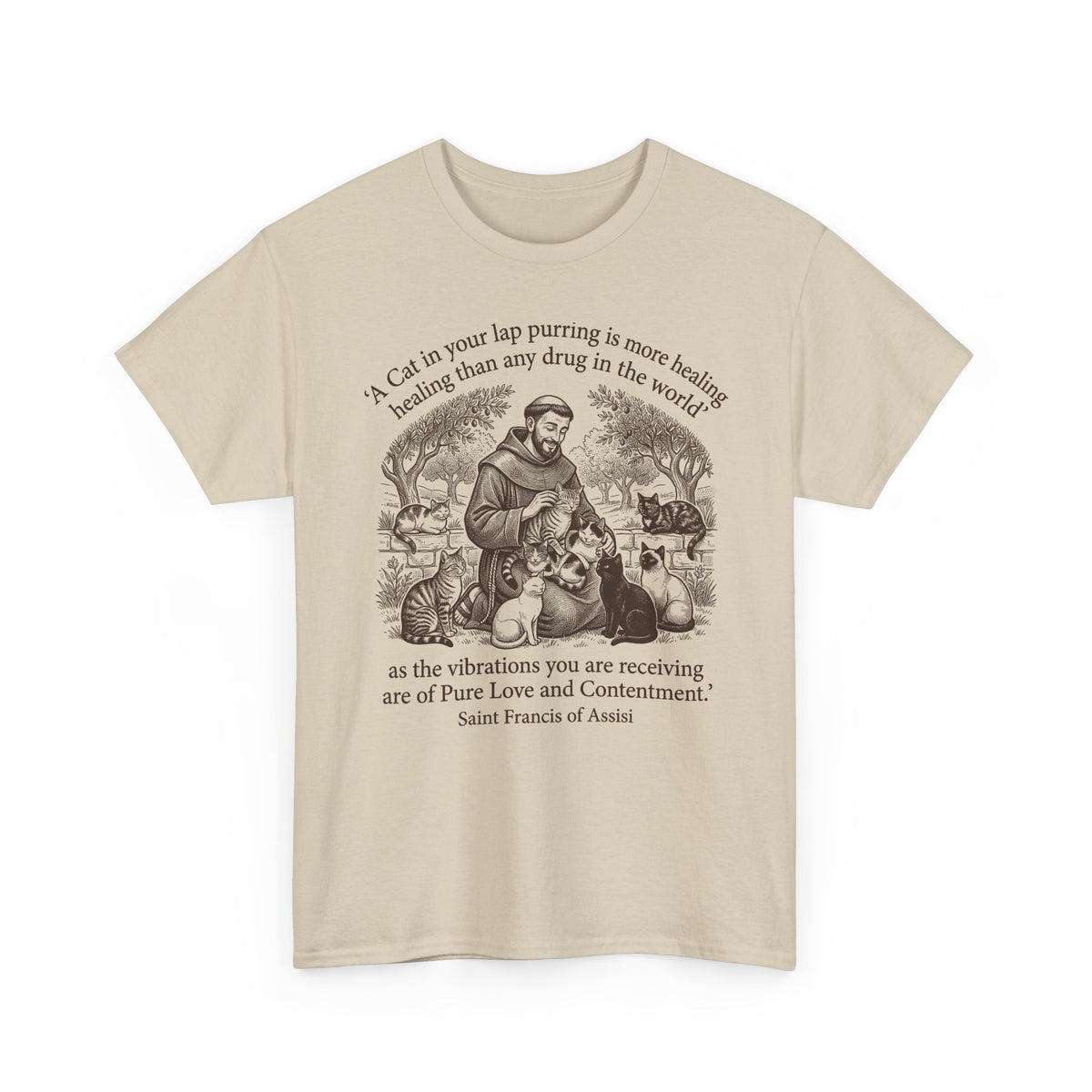 Saint Francis Vintage Graphic Tee — "A Cat in Your Lap Purring" Spiritual Animal Lover Shirt