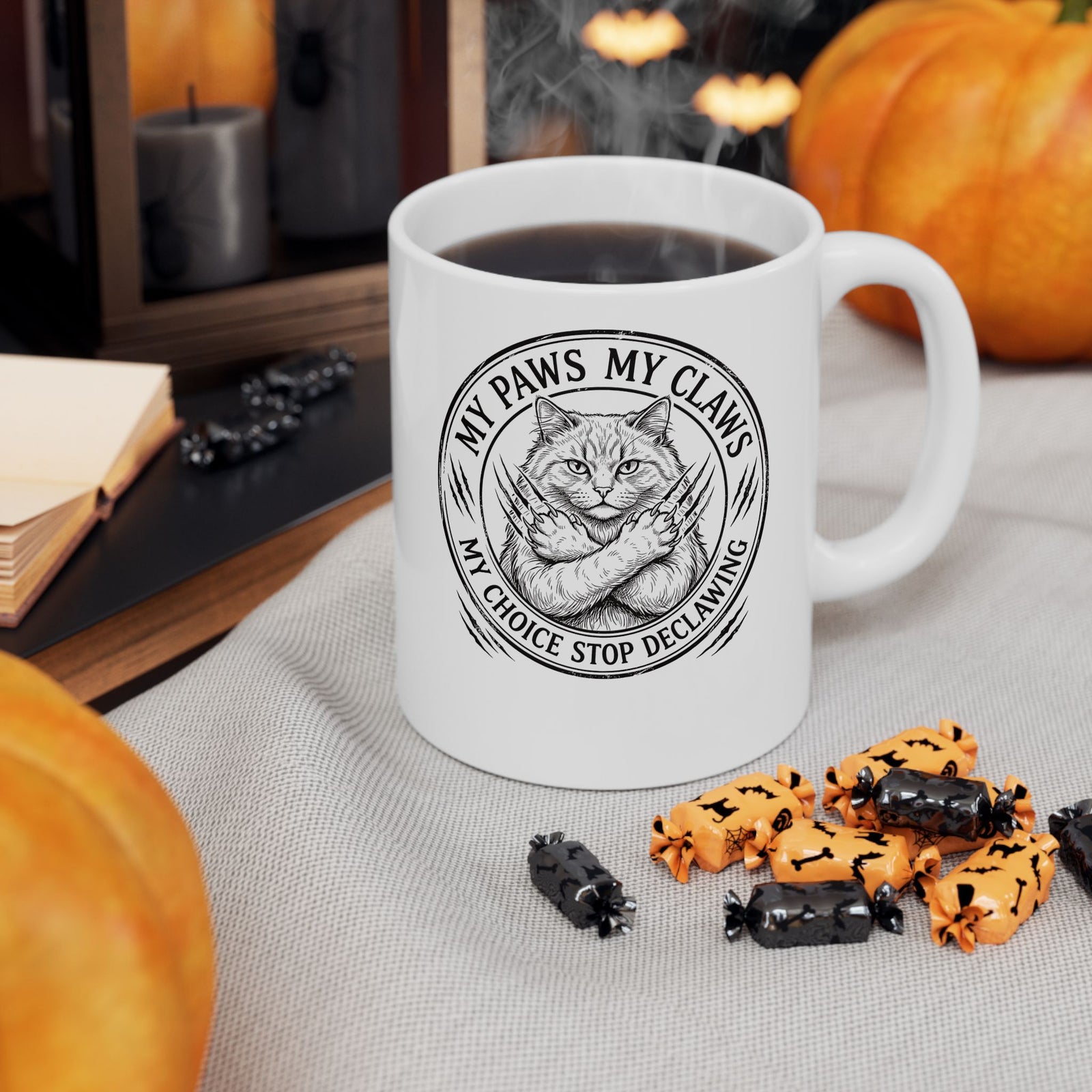 Cat Pride Ceramic Mug — “My Paws My Claws, My Choice Stop Declawing” Graphic Mug