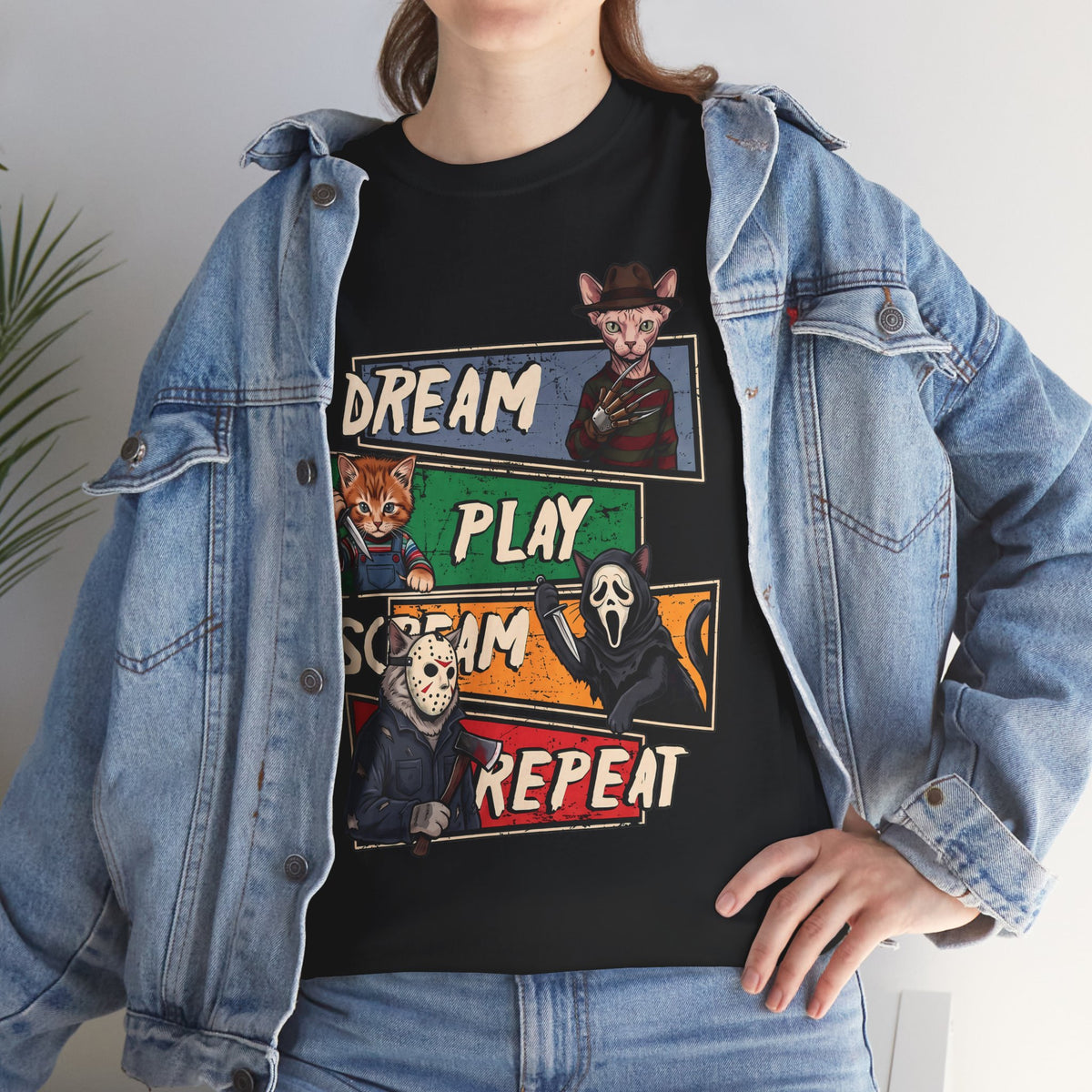Dream Play Scream Repeat Horror Cats T-Shirt — Slasher Movie Icons Tee