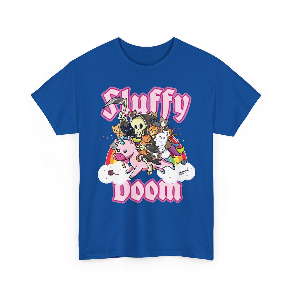 Sluffy Doom Grim Reaper Riding Unicorn T-Shirt — Pastel Goth Cat Tee