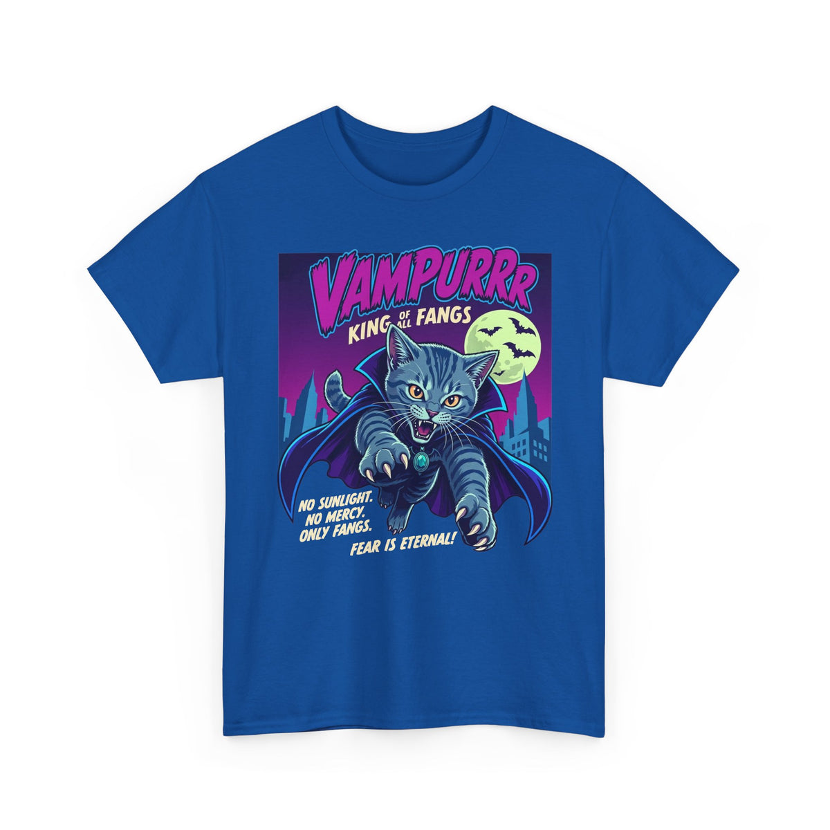 Vampurrr King of Fangs Cat T-Shirt — Retro Vampire Cat Graphic Tee