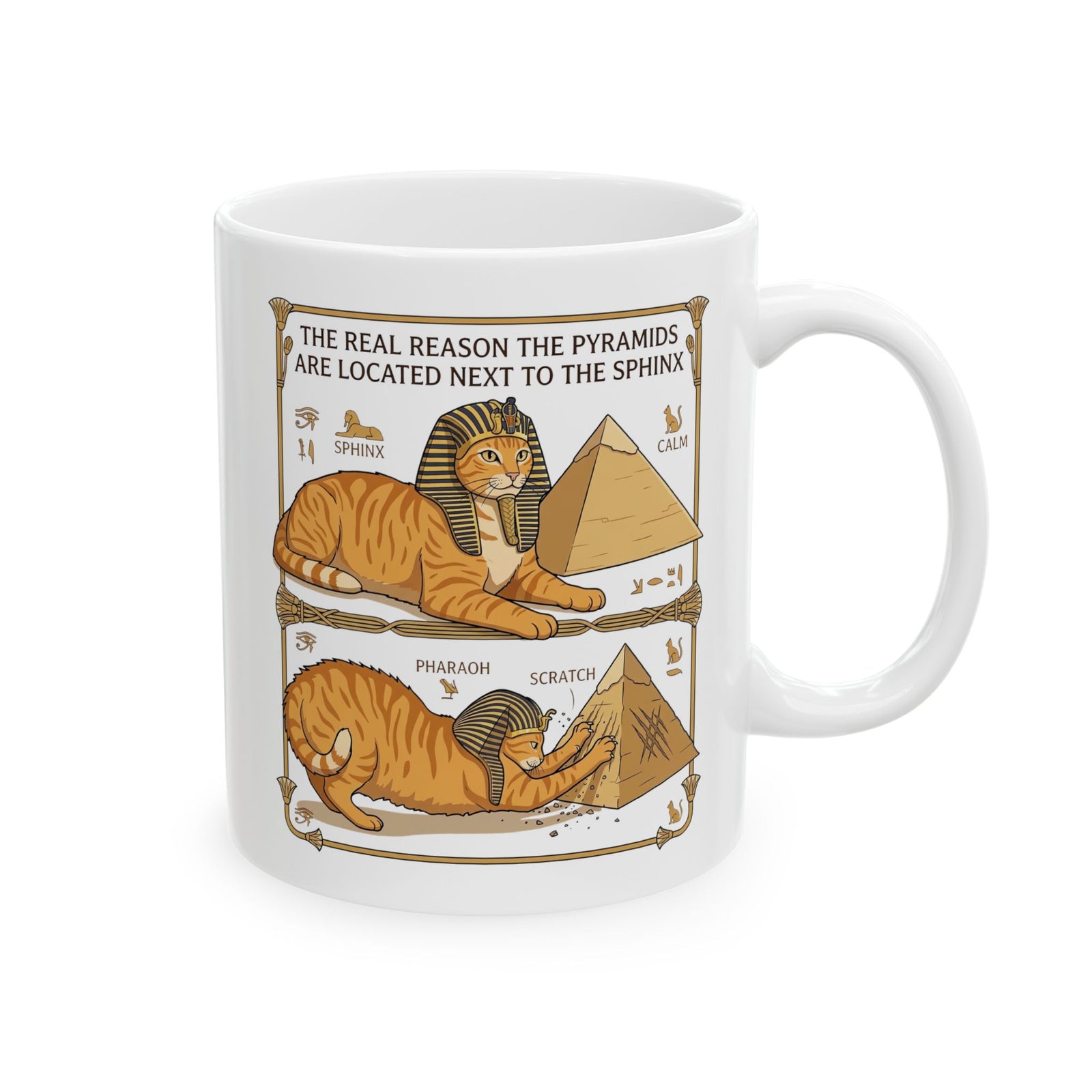 Funny Cat Pyramids Sphinx Ceramic Mug Ancient Egypt Scratching Design