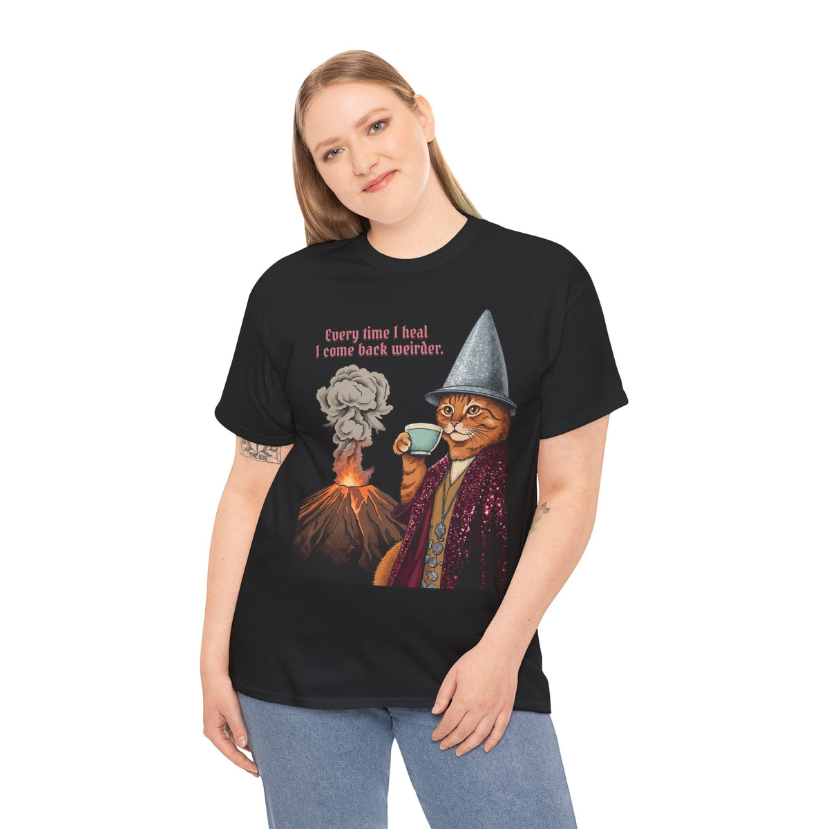 Weird Healing Journey Cat T-Shirt — Retro Feline Tea Time Aesthetic Shirt